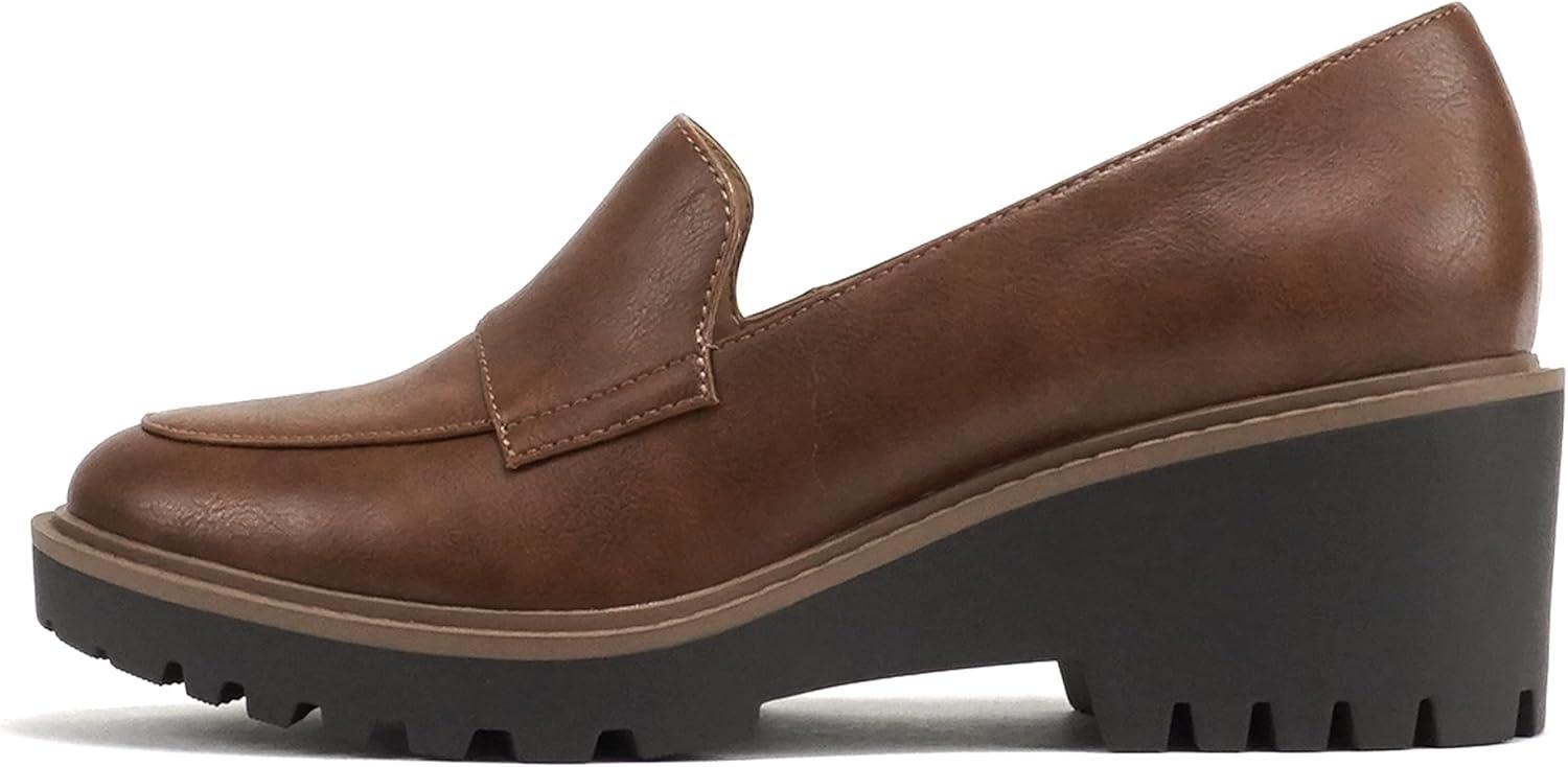 imageSoda Smart  Women Round Toe SlipOn Low Wedge Heel Lug Sole Loafer ShoeCognac Pu