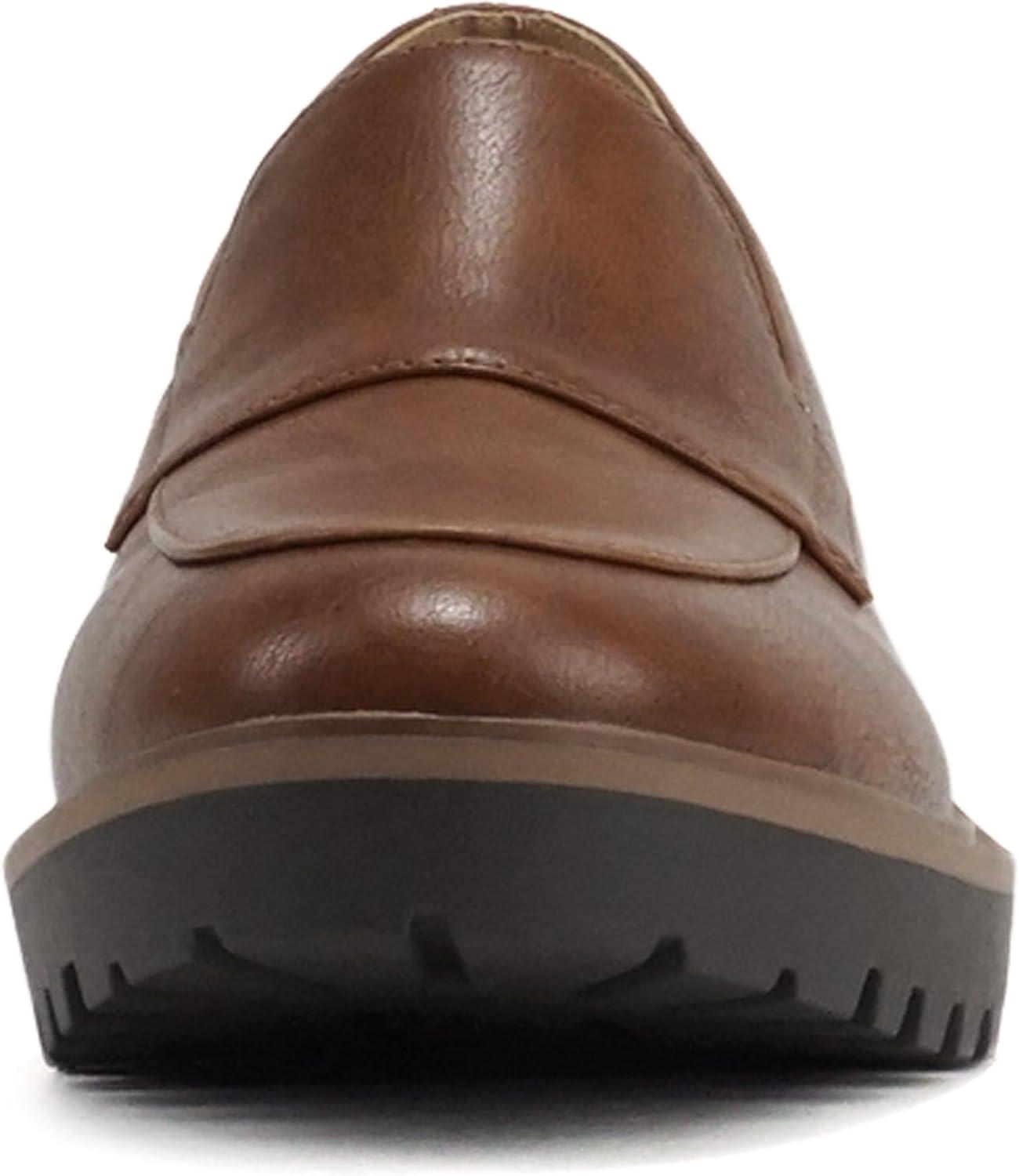 imageSoda Smart  Women Round Toe SlipOn Low Wedge Heel Lug Sole Loafer ShoeCognac Pu