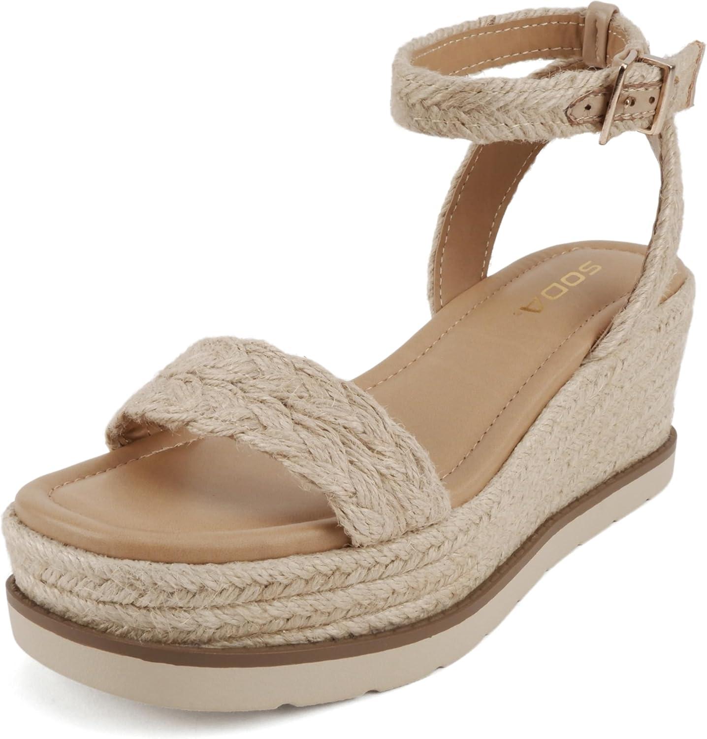 imageSoda Swing  Women Square Toe Single Band Low Heel Espadrille Wedge Sandal with Adjustable Ankle StrapLight Tan Jute