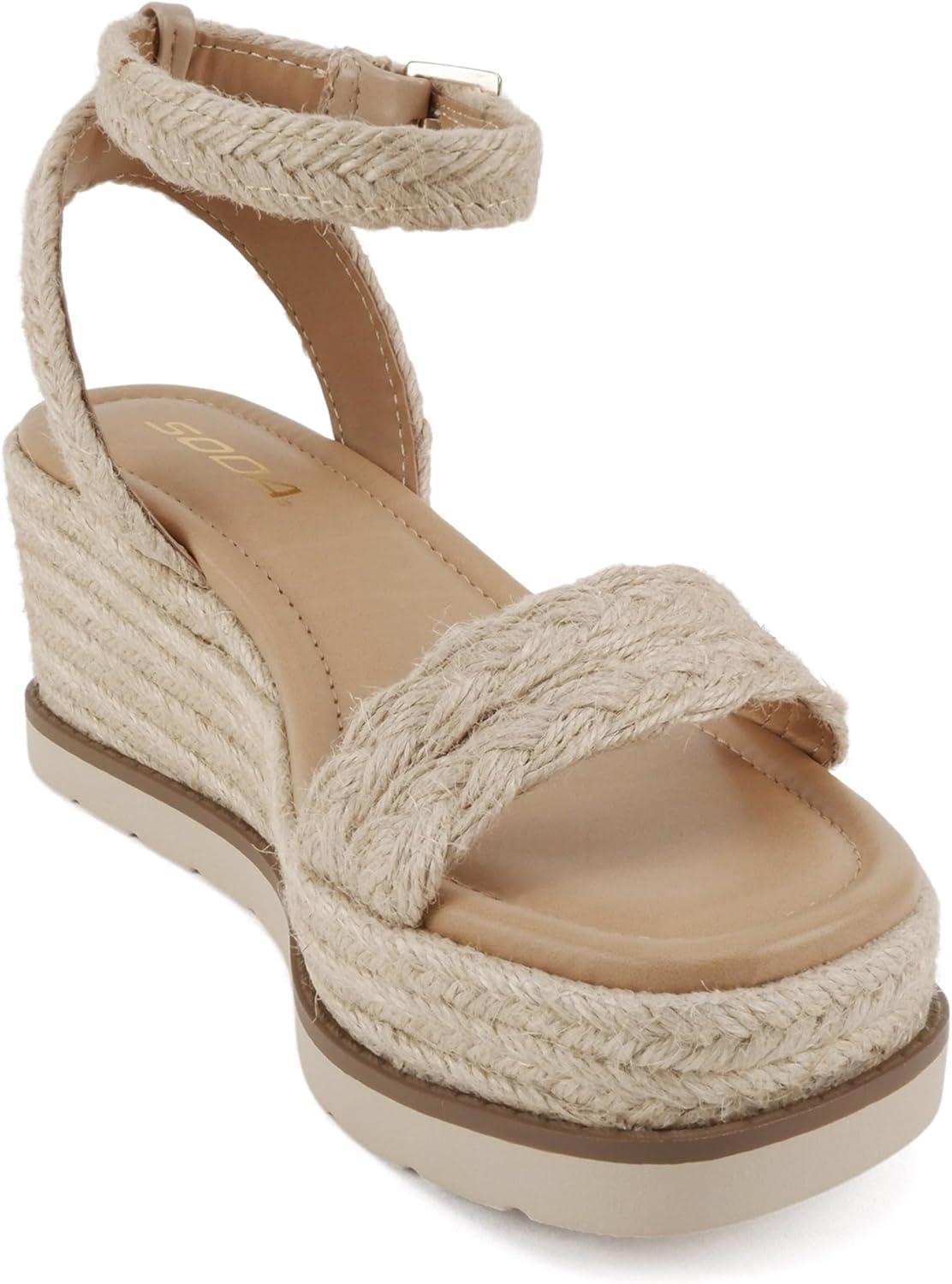 imageSoda Swing  Women Square Toe Single Band Low Heel Espadrille Wedge Sandal with Adjustable Ankle StrapLight Tan Jute