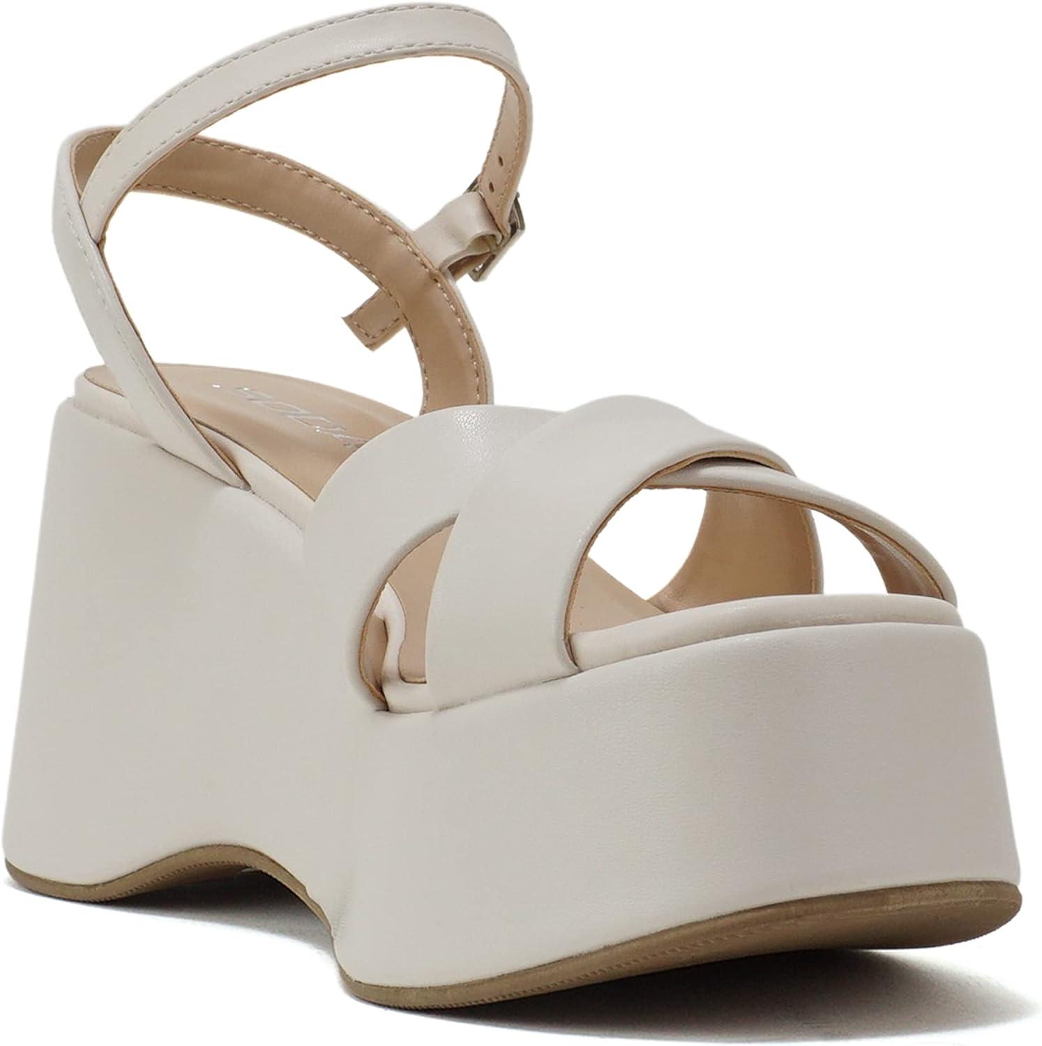 imageSoda TECNO  Women Square Toe Crisscross Upper High Heeled Wedge Sandal with Adjustable Ankle StrapBone Pu