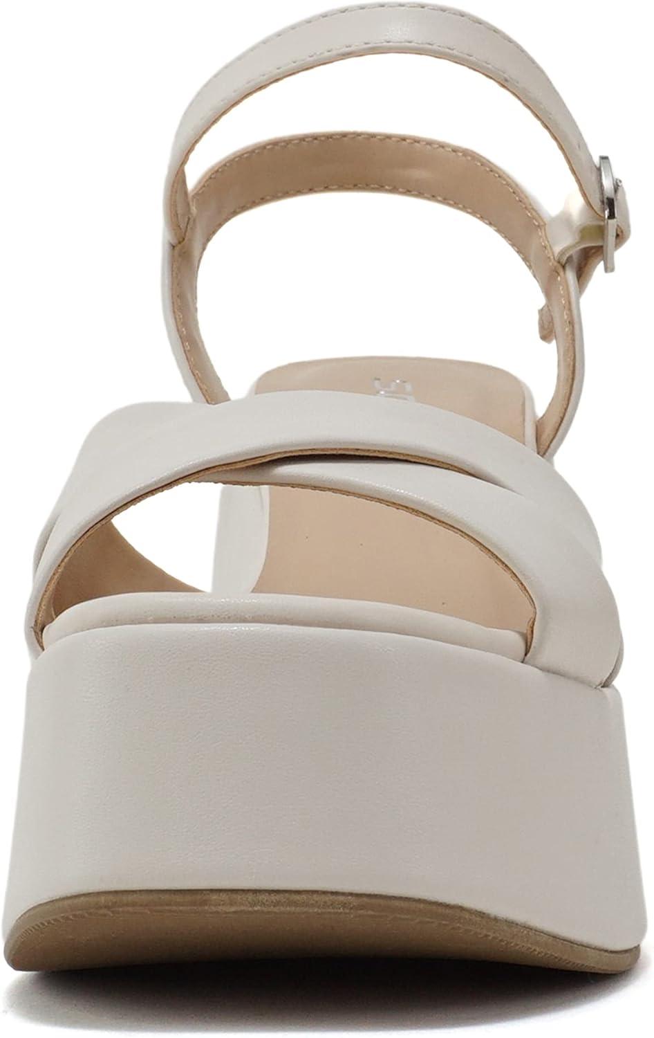 imageSoda TECNO  Women Square Toe Crisscross Upper High Heeled Wedge Sandal with Adjustable Ankle StrapBone Pu