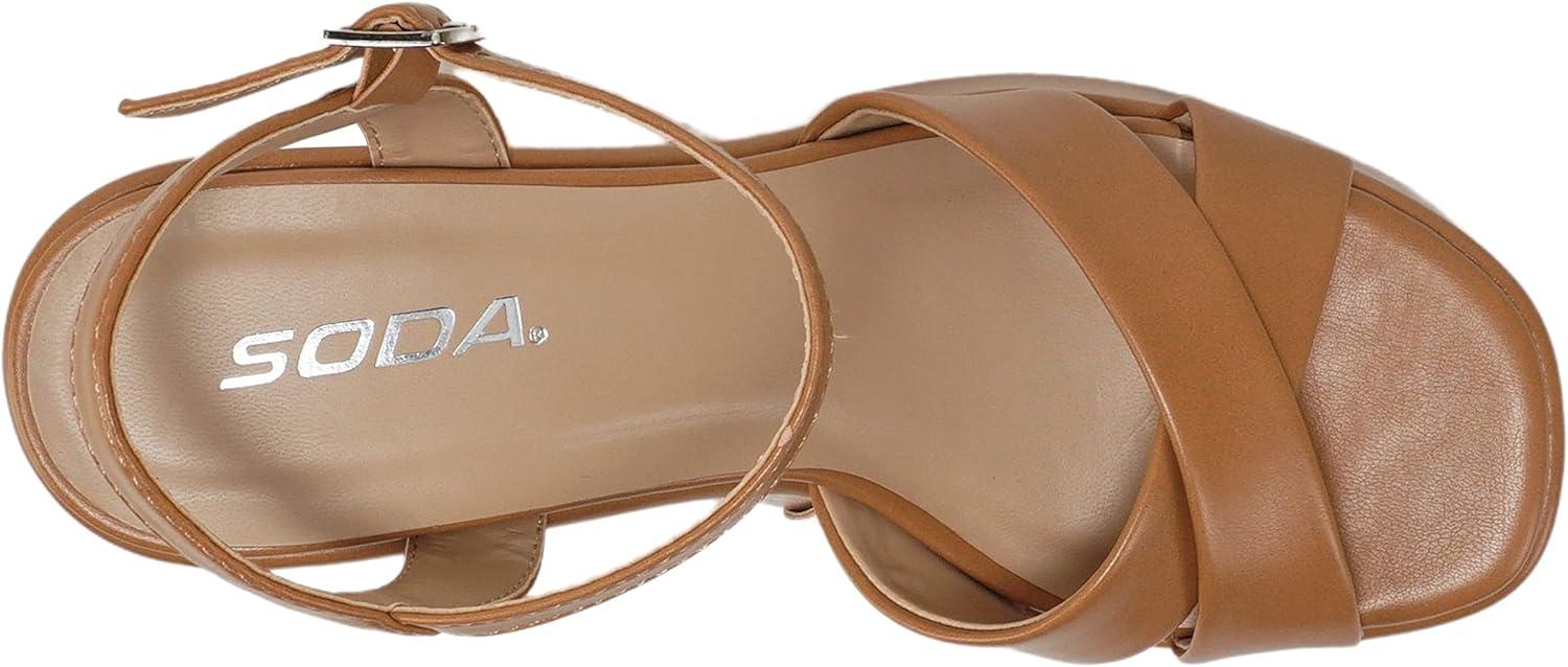 imageSoda TECNO  Women Square Toe Crisscross Upper High Heeled Wedge Sandal with Adjustable Ankle StrapCamel Pu