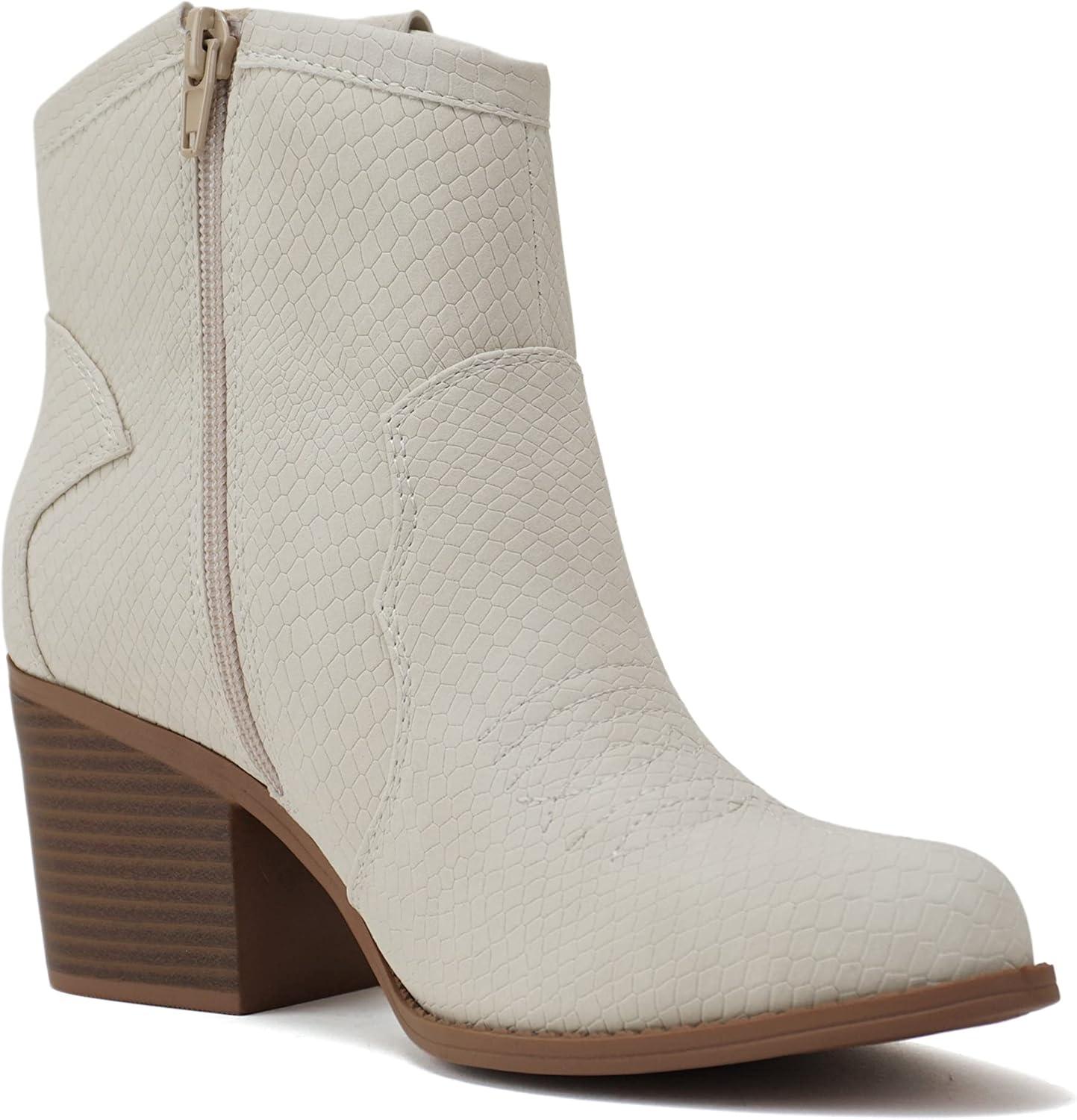 imageSoda TELLER  Womens Western Cowboy Boots with Stitched Detailing Pointed Toe and Low Block HeelBone Nubuck