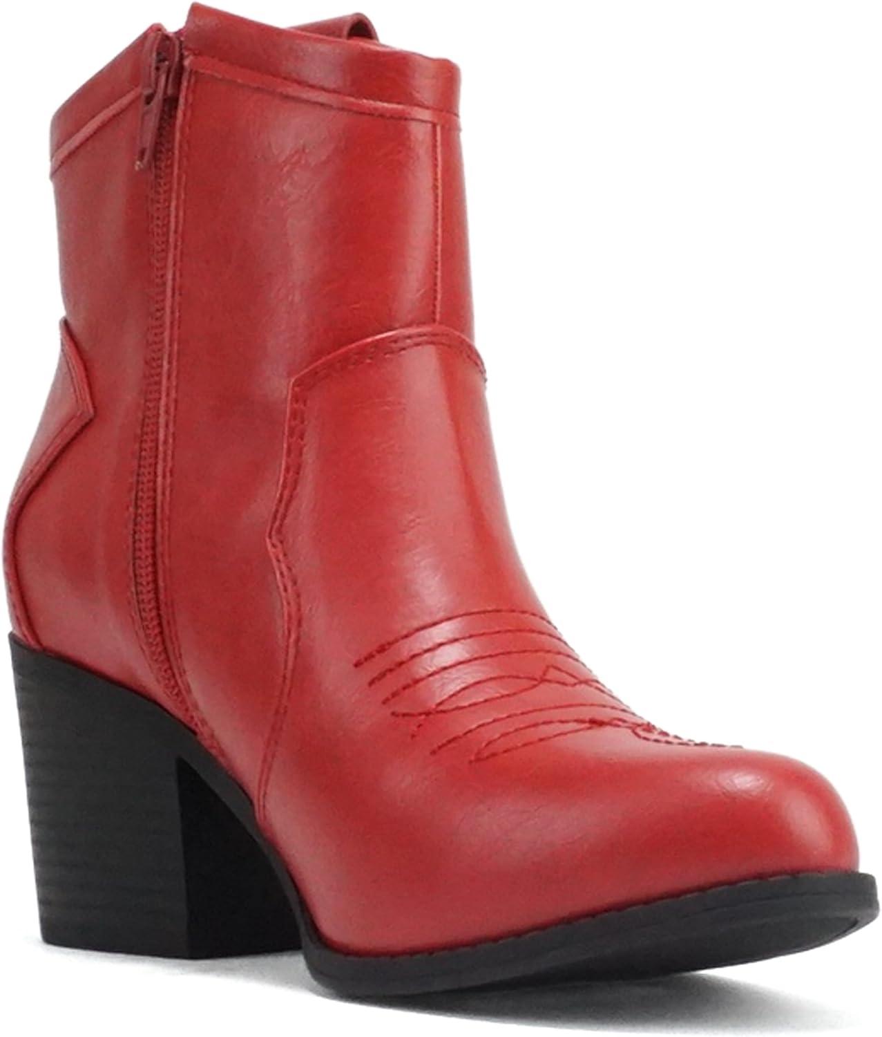 imageSoda TELLER  Womens Western Cowboy Boots with Stitched Detailing Pointed Toe and Low Block HeelFire Red