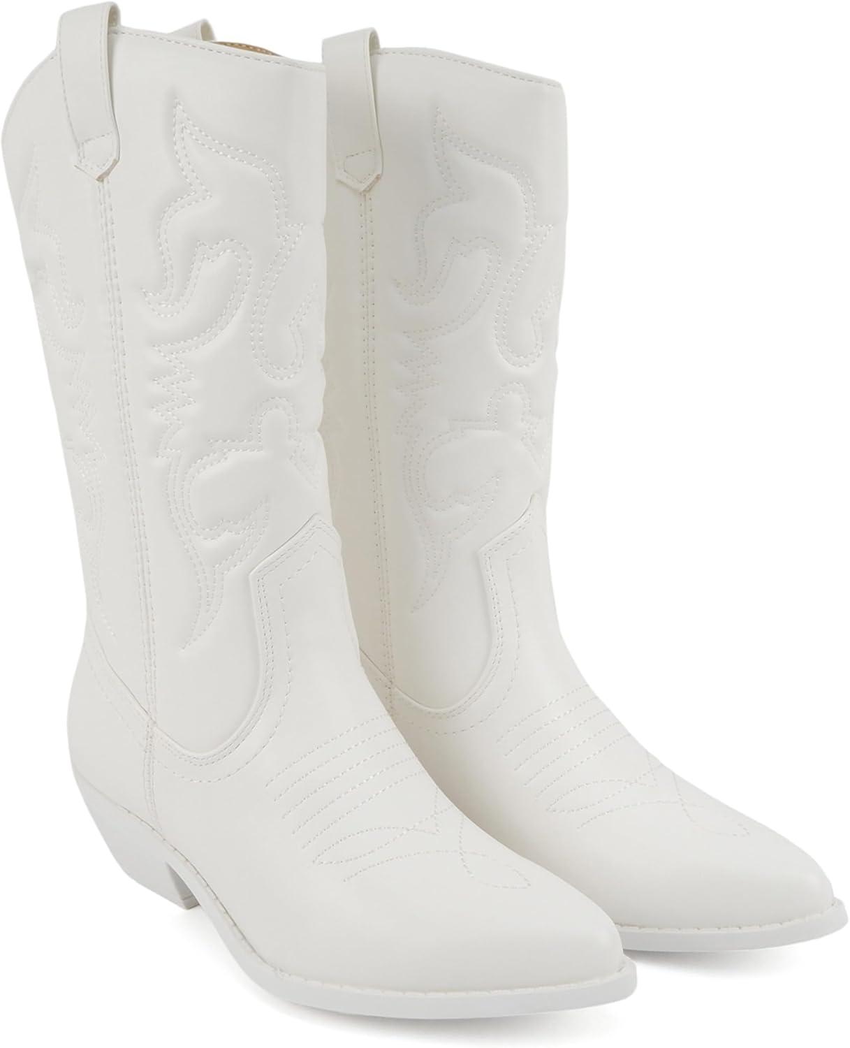 imageSoda TELLER  Womens Western Cowboy Boots with Stitched Detailing Pointed Toe and Low Block HeelRall White
