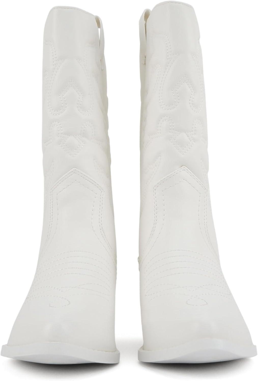 imageSoda TELLER  Womens Western Cowboy Boots with Stitched Detailing Pointed Toe and Low Block HeelRall White