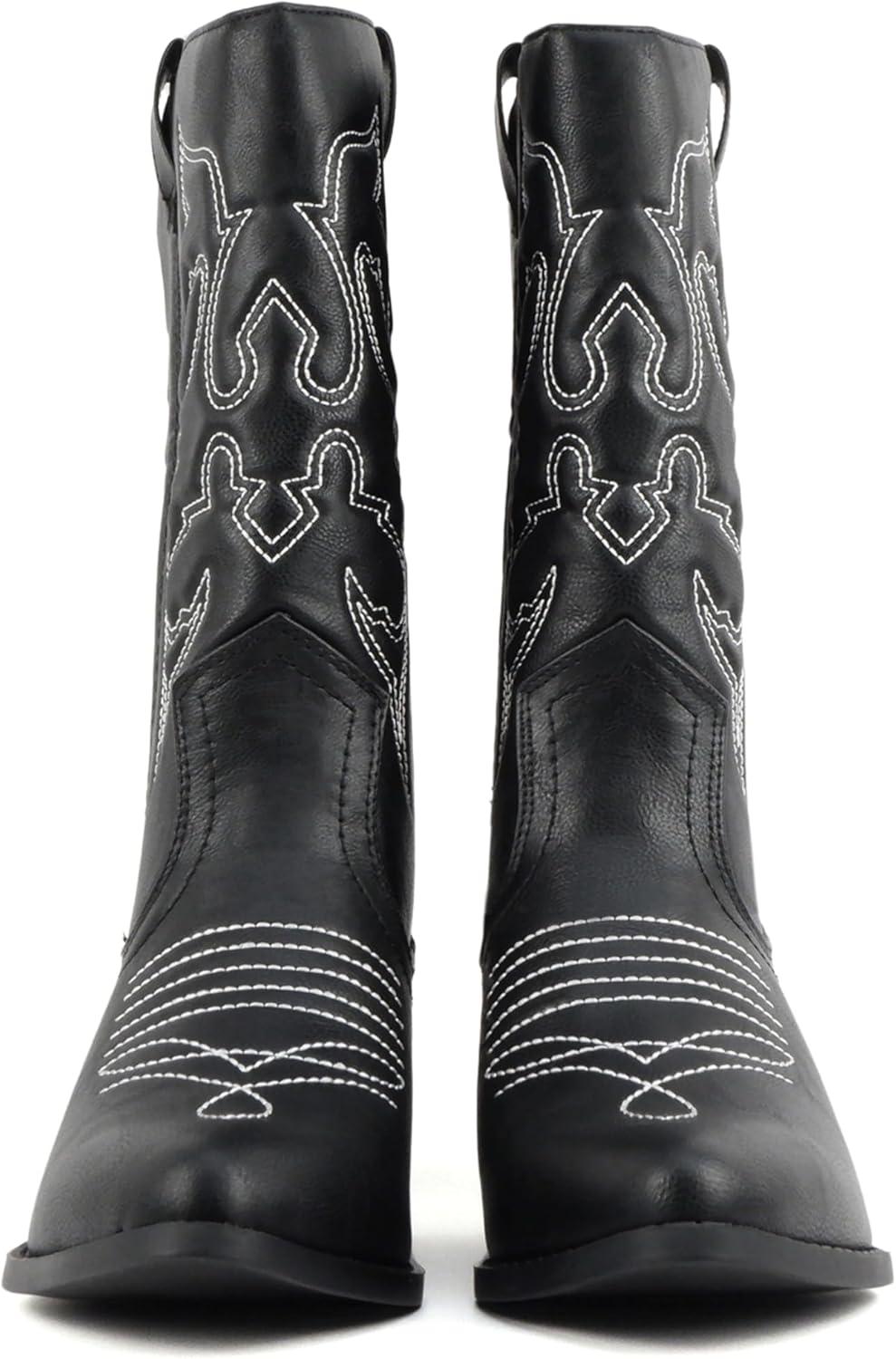 imageSoda TELLER  Womens Western Cowboy Boots with Stitched Detailing Pointed Toe and Low Block HeelRblkWht