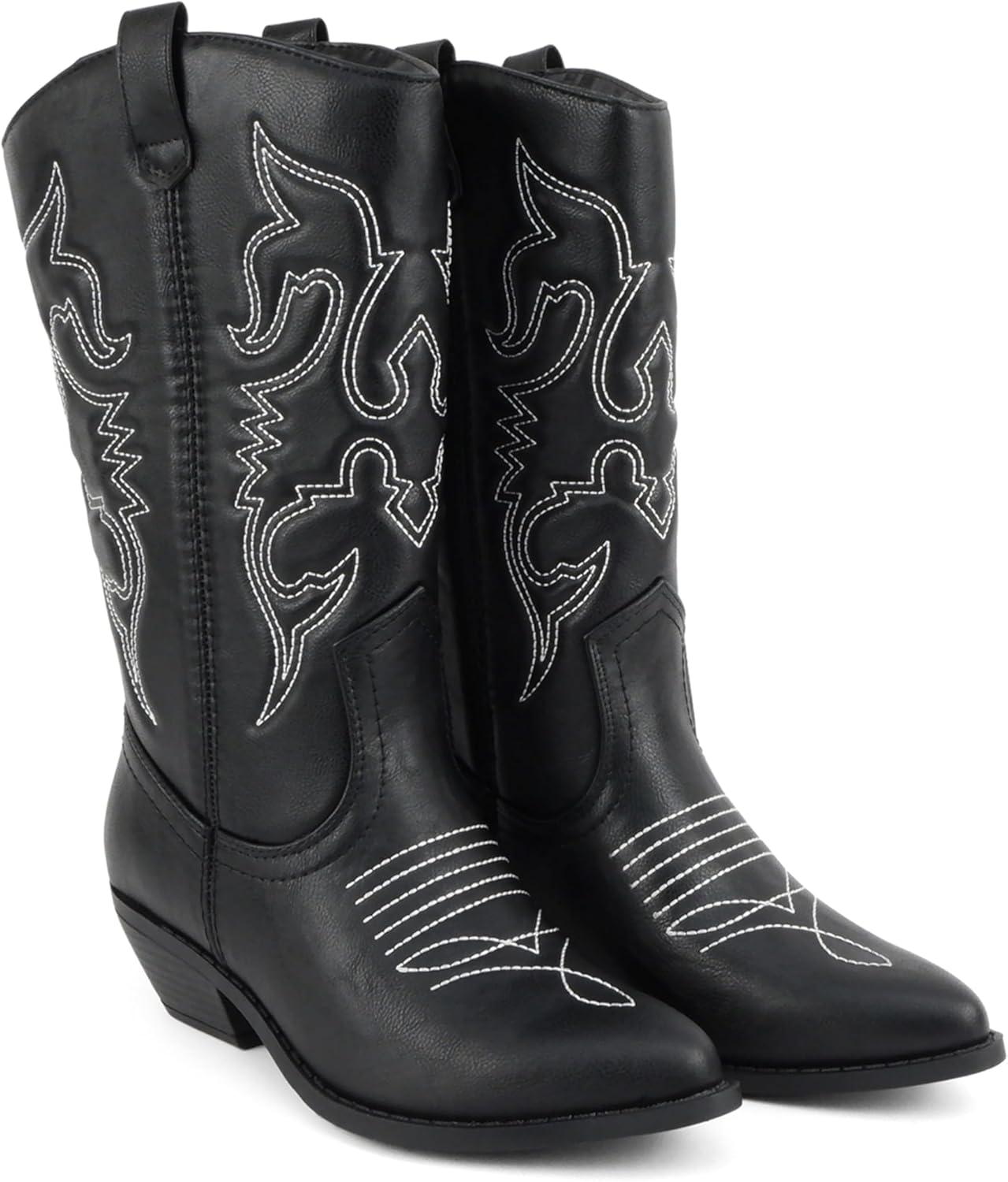 imageSoda TELLER  Womens Western Cowboy Boots with Stitched Detailing Pointed Toe and Low Block HeelRblkWht