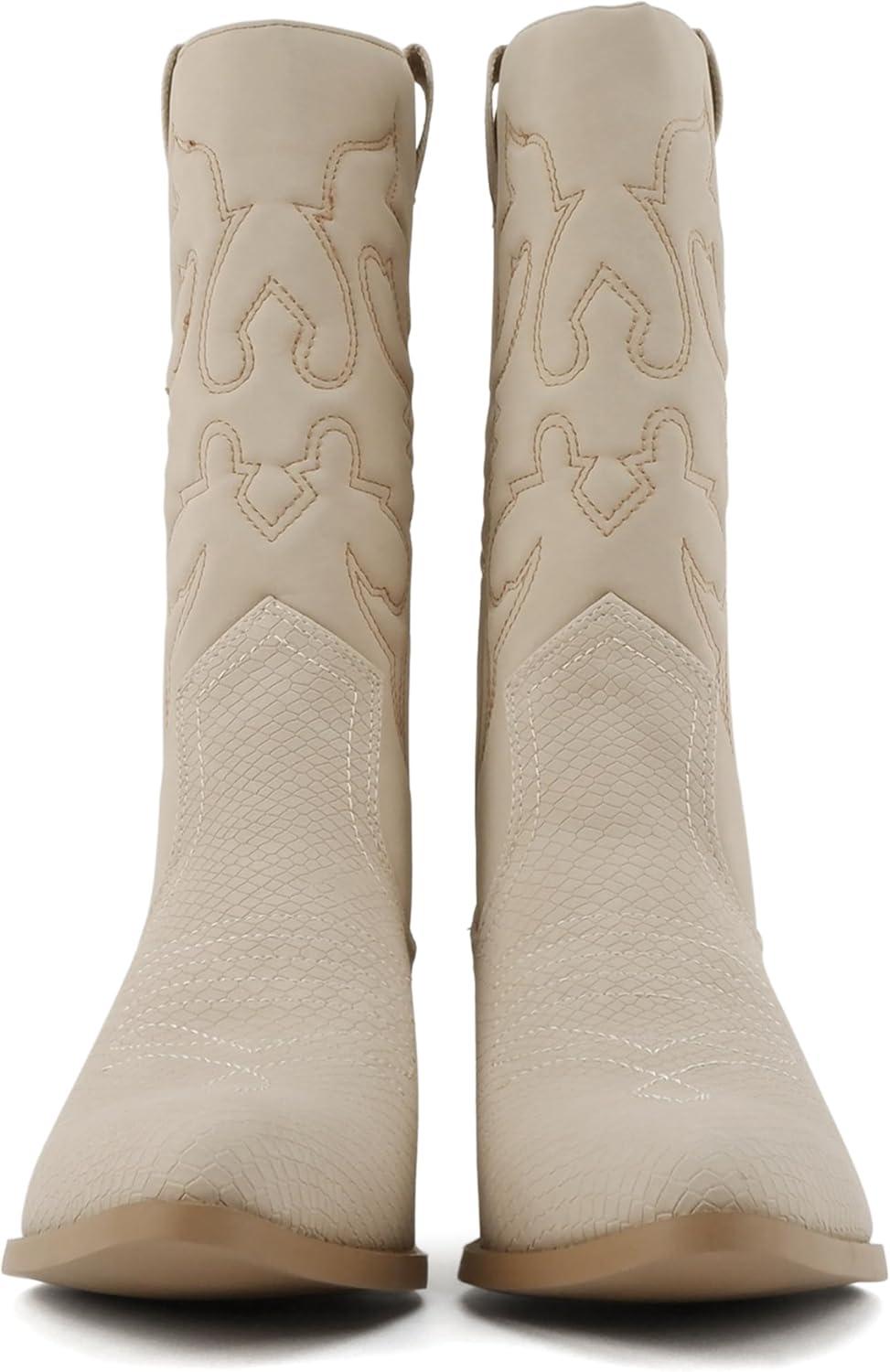 imageSoda TELLER  Womens Western Cowboy Boots with Stitched Detailing Pointed Toe and Low Block HeelRcobraNude