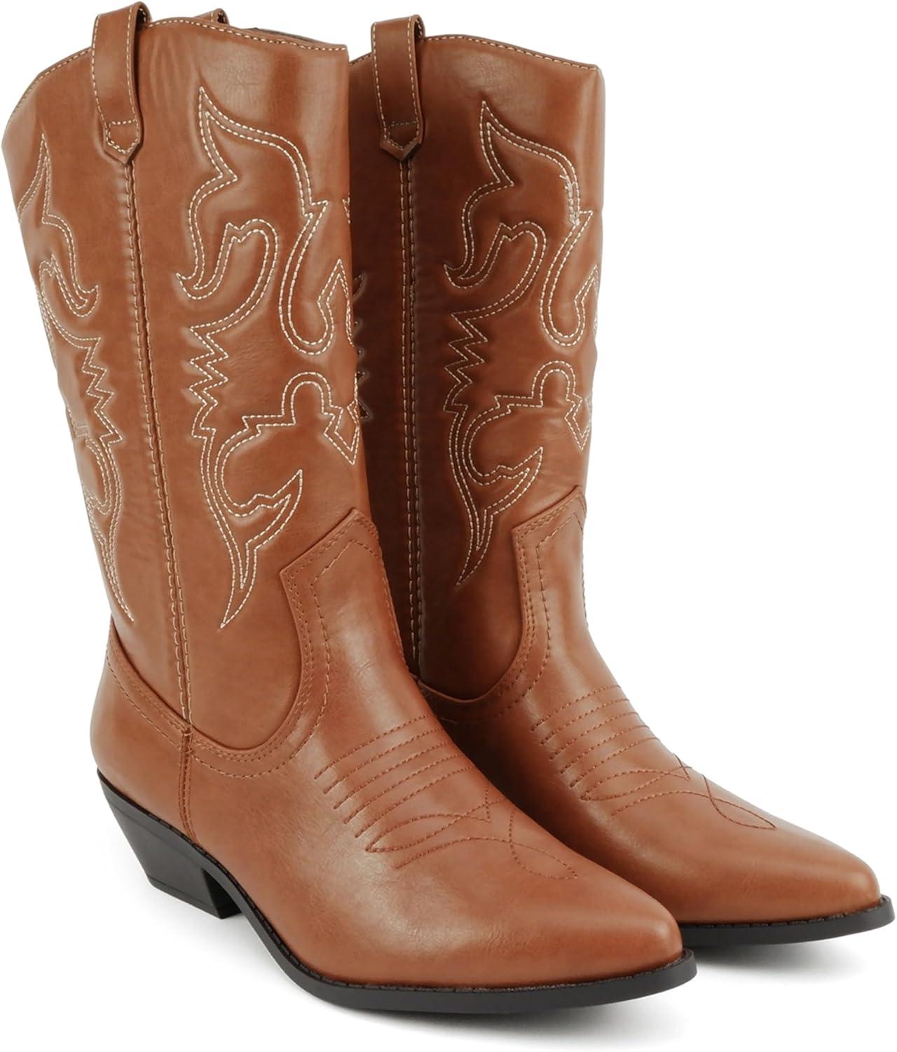 imageSoda TELLER  Womens Western Cowboy Boots with Stitched Detailing Pointed Toe and Low Block HeelRcognac