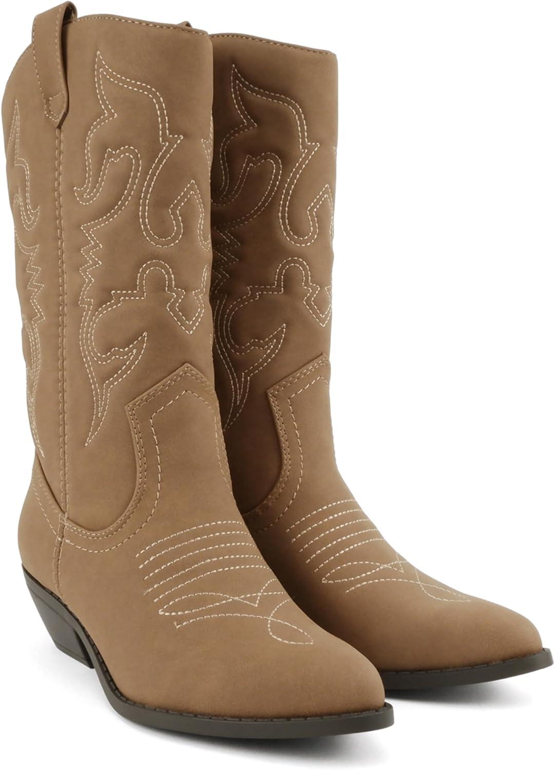 imageSoda TELLER  Womens Western Cowboy Boots with Stitched Detailing Pointed Toe and Low Block HeelRdk Tan Nubuck