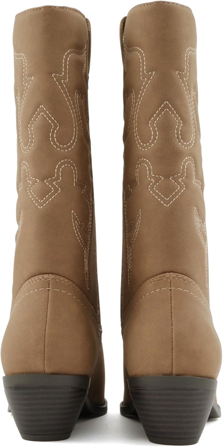 imageSoda TELLER  Womens Western Cowboy Boots with Stitched Detailing Pointed Toe and Low Block HeelRdk Tan Nubuck