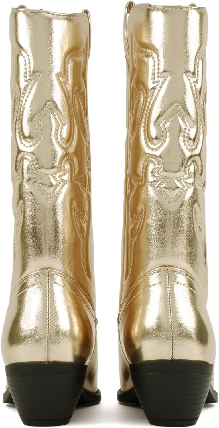 imageSoda TELLER  Womens Western Cowboy Boots with Stitched Detailing Pointed Toe and Low Block HeelRgold Met