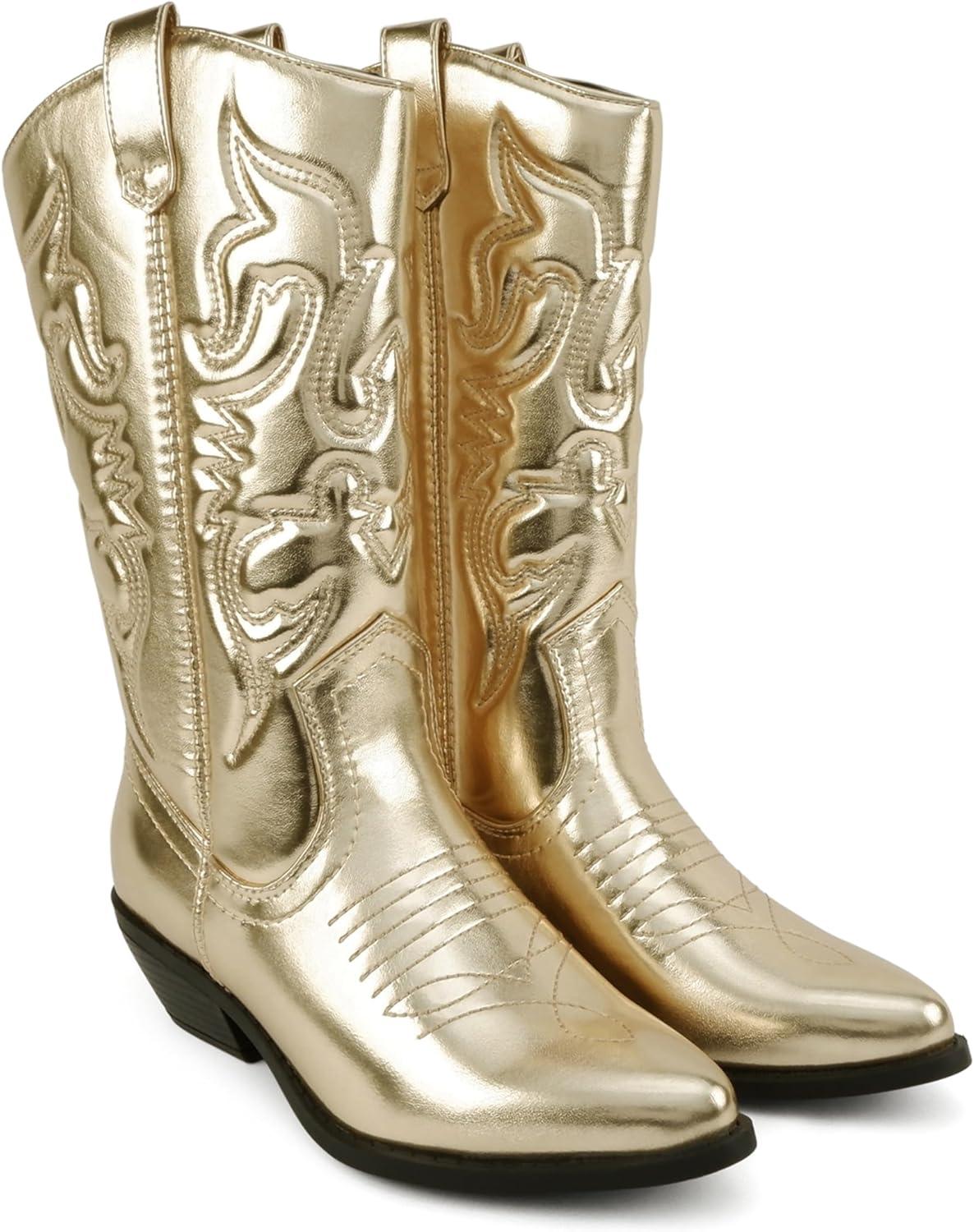 imageSoda TELLER  Womens Western Cowboy Boots with Stitched Detailing Pointed Toe and Low Block HeelRgold Met