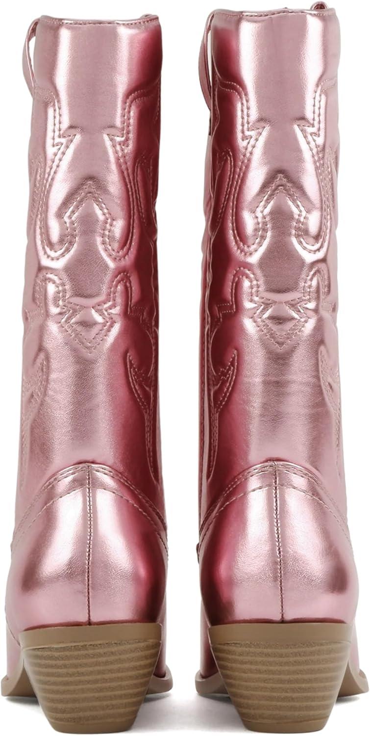 imageSoda TELLER  Womens Western Cowboy Boots with Stitched Detailing Pointed Toe and Low Block HeelRlt Pink Met