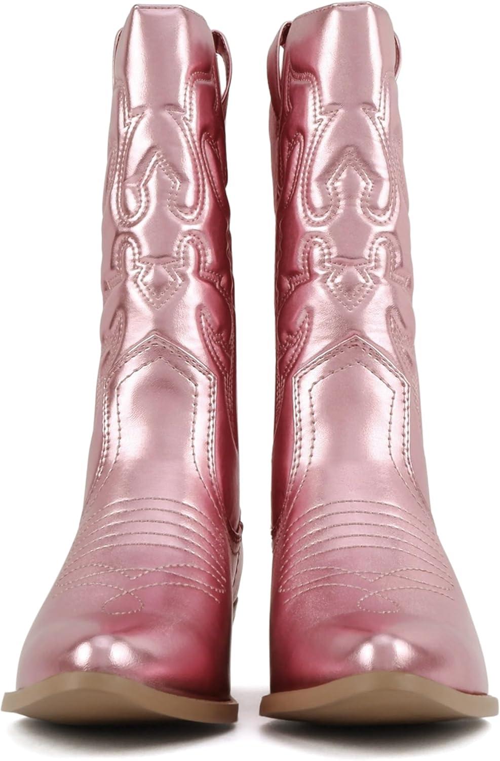 imageSoda TELLER  Womens Western Cowboy Boots with Stitched Detailing Pointed Toe and Low Block HeelRlt Pink Met