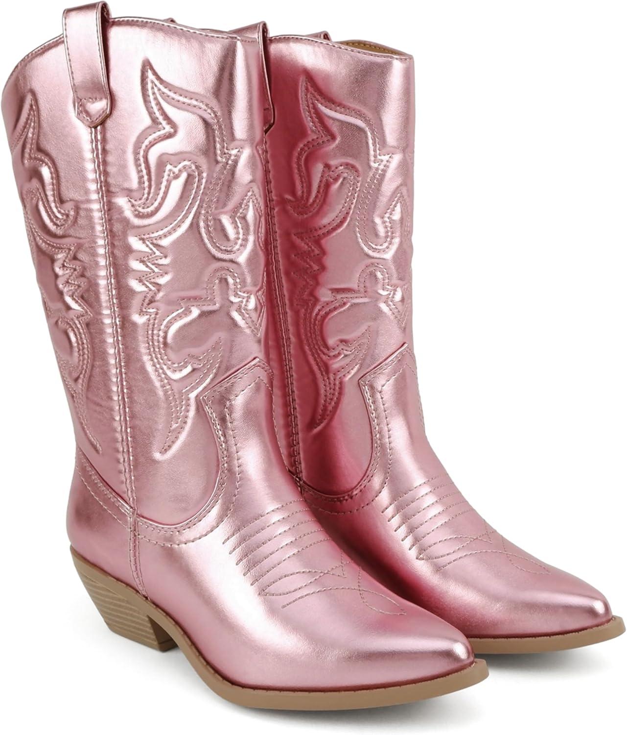 imageSoda TELLER  Womens Western Cowboy Boots with Stitched Detailing Pointed Toe and Low Block HeelRlt Pink Met