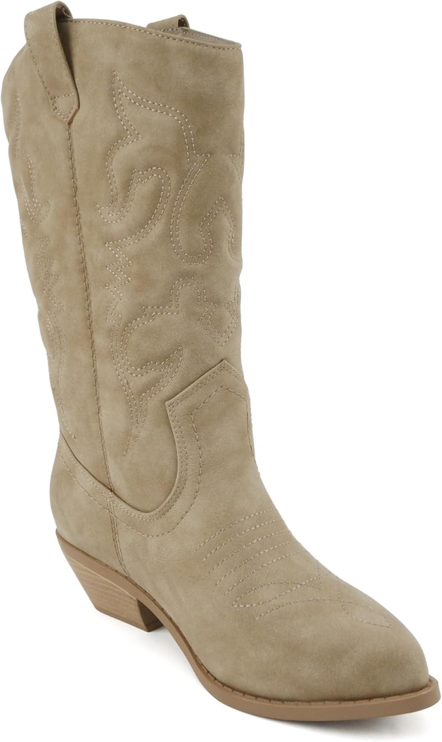imageSoda TELLER  Womens Western Cowboy Boots with Stitched Detailing Pointed Toe and Low Block HeelRlt Taupe