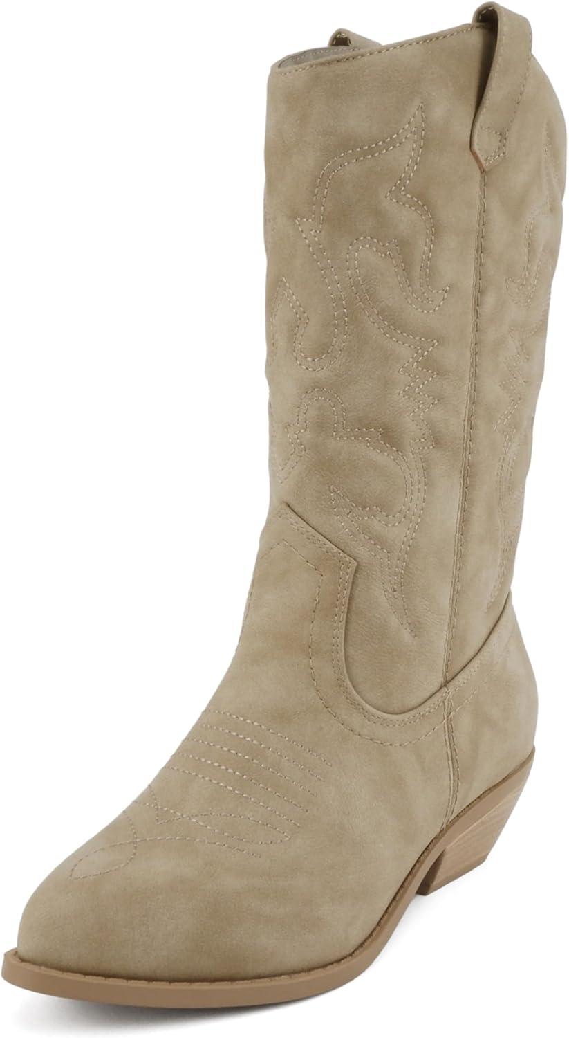 imageSoda TELLER  Womens Western Cowboy Boots with Stitched Detailing Pointed Toe and Low Block HeelRlt Taupe