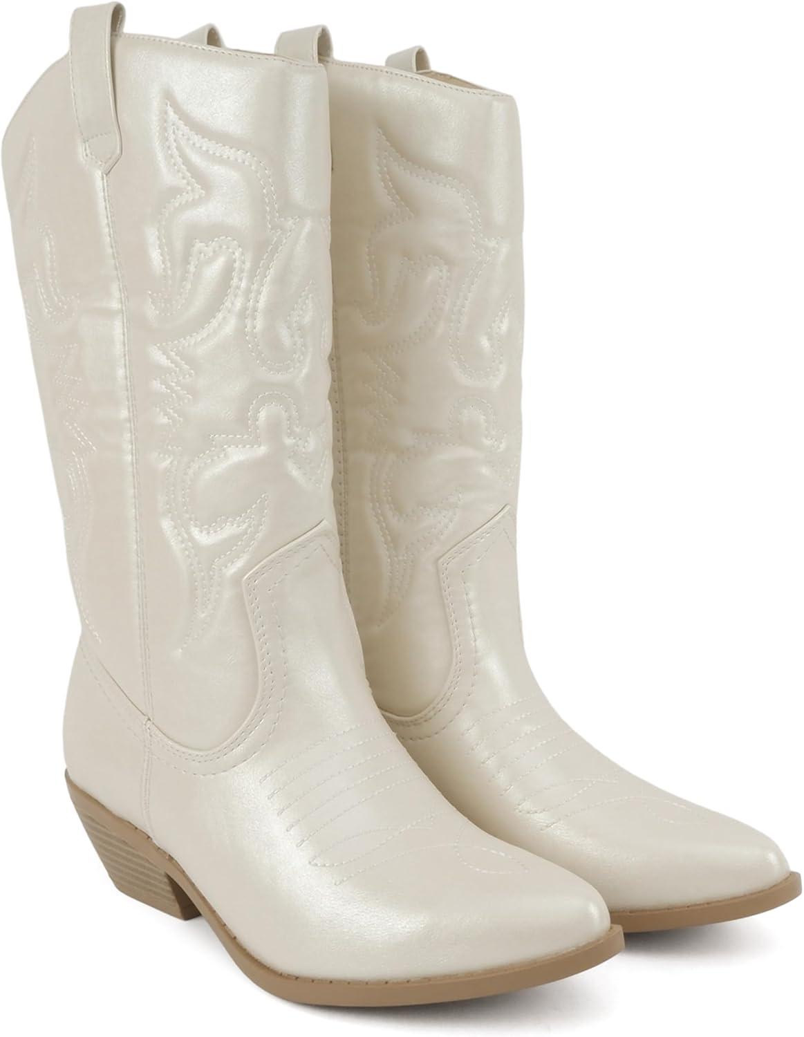 imageSoda TELLER  Womens Western Cowboy Boots with Stitched Detailing Pointed Toe and Low Block HeelRpearlWhite