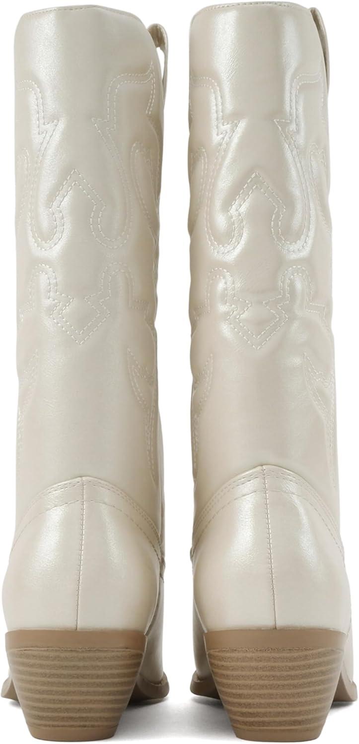 imageSoda TELLER  Womens Western Cowboy Boots with Stitched Detailing Pointed Toe and Low Block HeelRpearlWhite