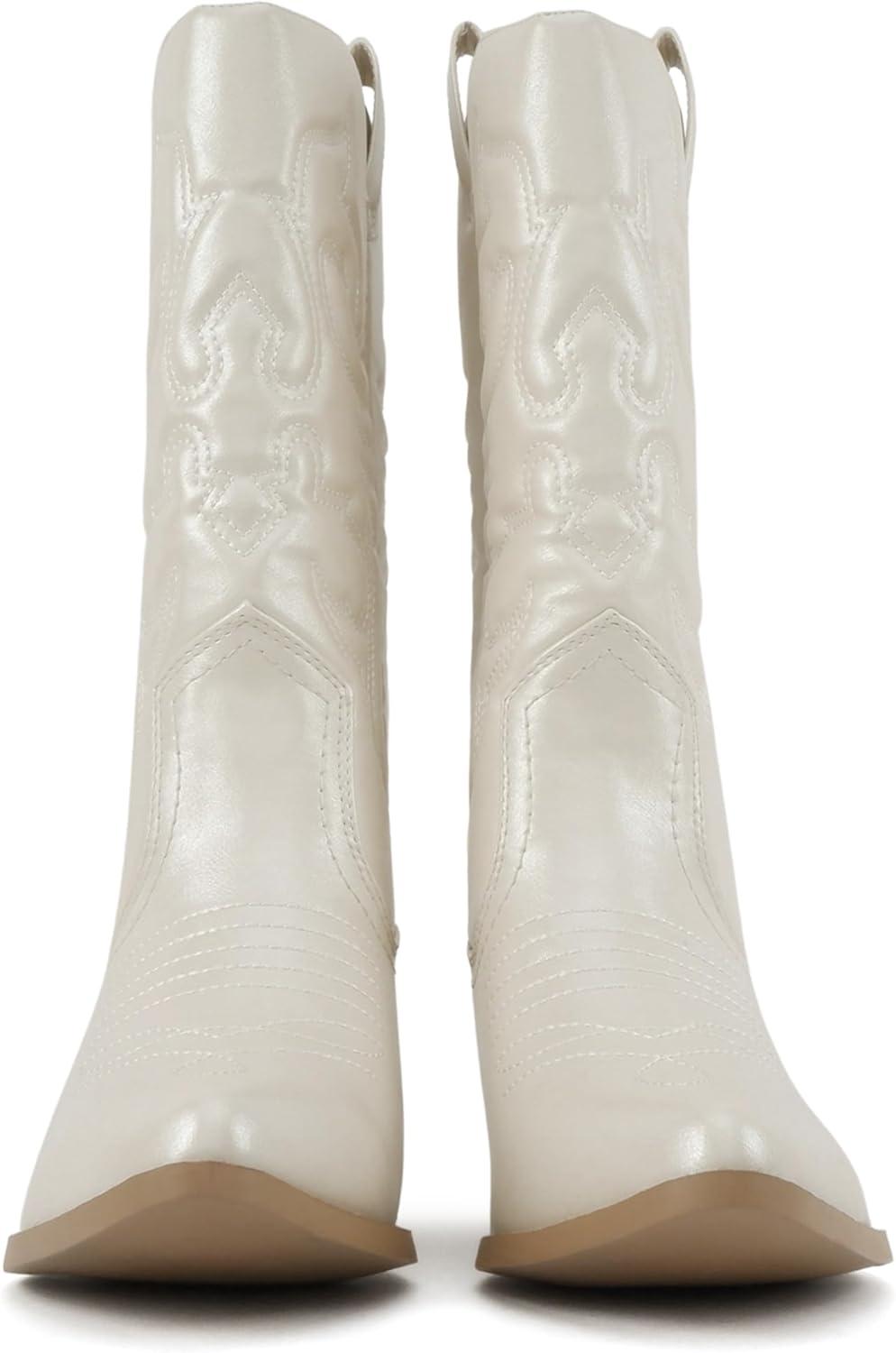 imageSoda TELLER  Womens Western Cowboy Boots with Stitched Detailing Pointed Toe and Low Block HeelRpearlWhite