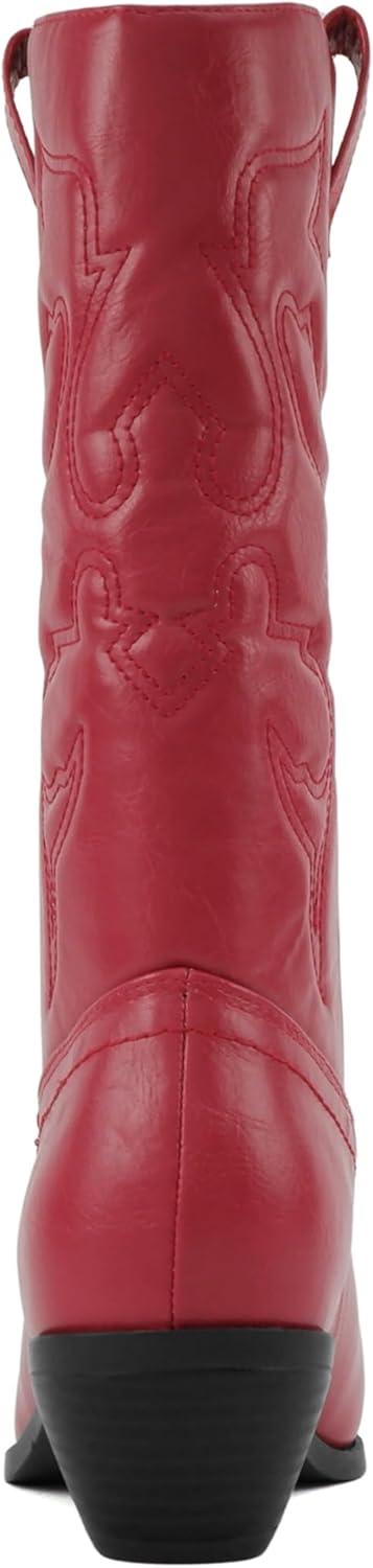 imageSoda TELLER  Womens Western Cowboy Boots with Stitched Detailing Pointed Toe and Low Block HeelRred Pu
