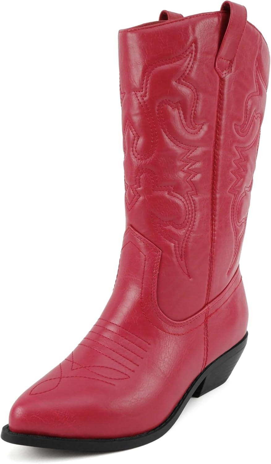 imageSoda TELLER  Womens Western Cowboy Boots with Stitched Detailing Pointed Toe and Low Block HeelRred Pu