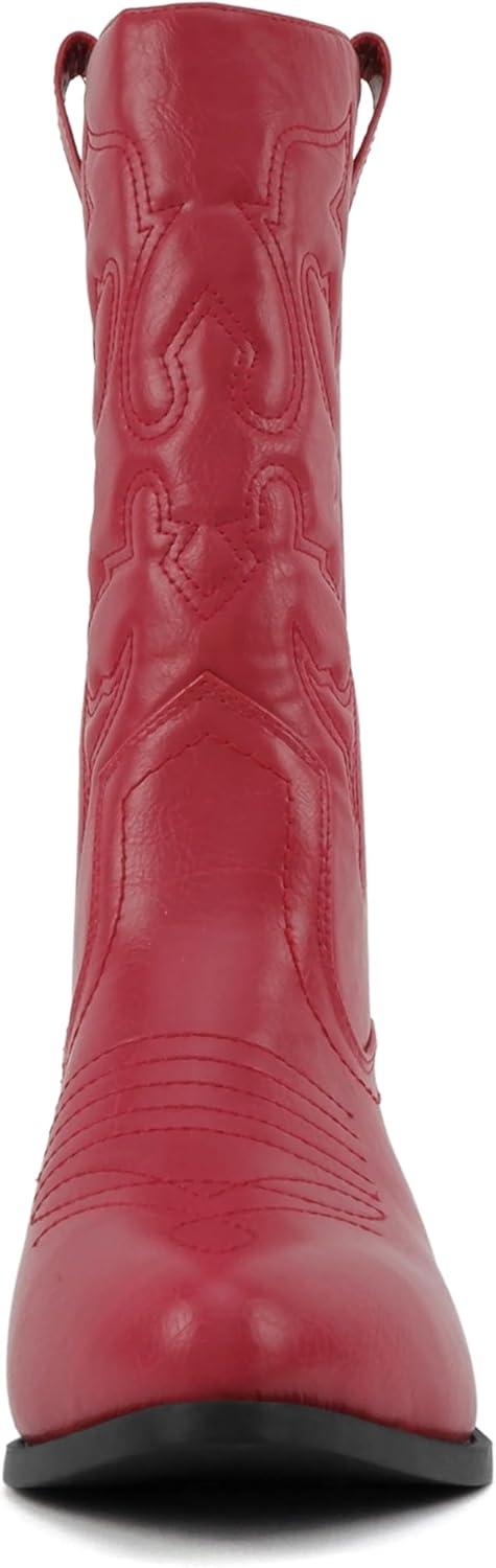 imageSoda TELLER  Womens Western Cowboy Boots with Stitched Detailing Pointed Toe and Low Block HeelRred Pu