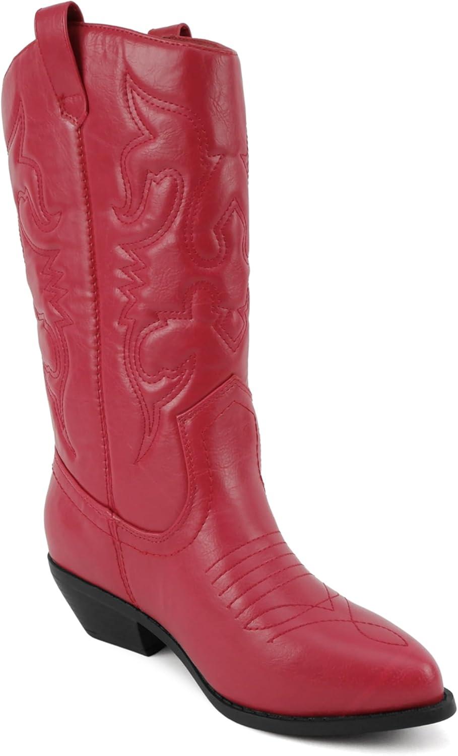 imageSoda TELLER  Womens Western Cowboy Boots with Stitched Detailing Pointed Toe and Low Block HeelRred Pu