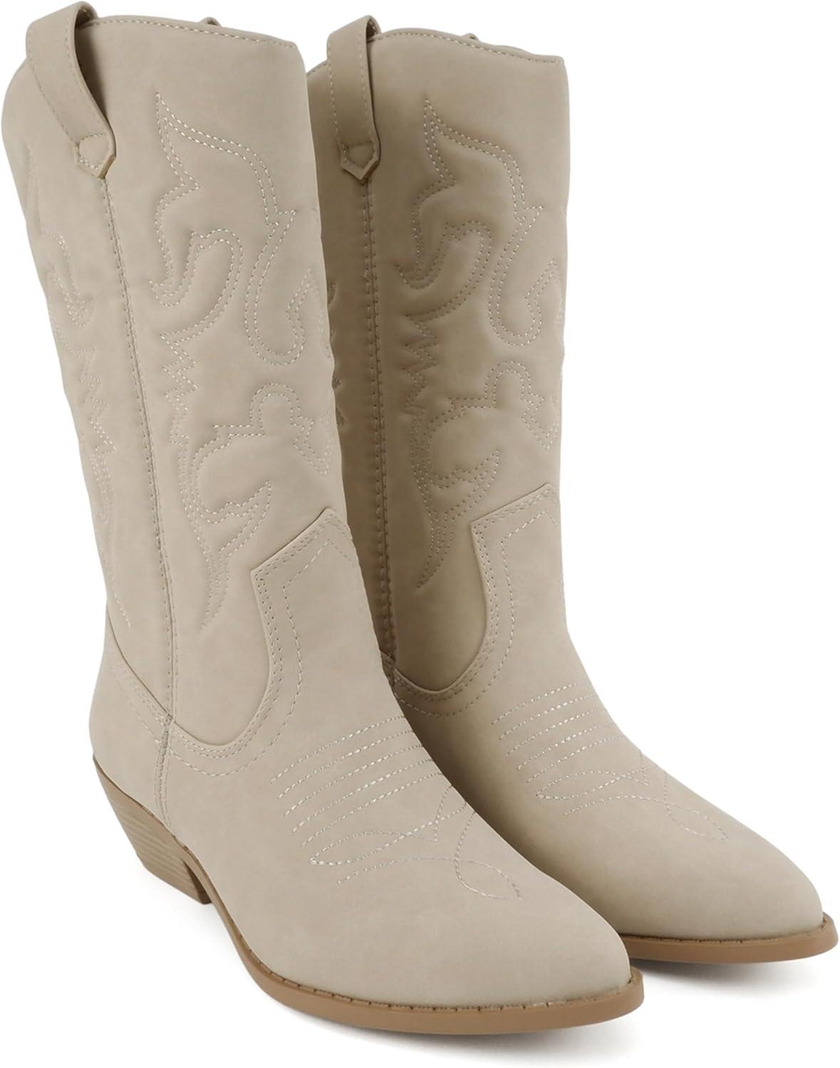 imageSoda TELLER  Womens Western Cowboy Boots with Stitched Detailing Pointed Toe and Low Block HeelRsand