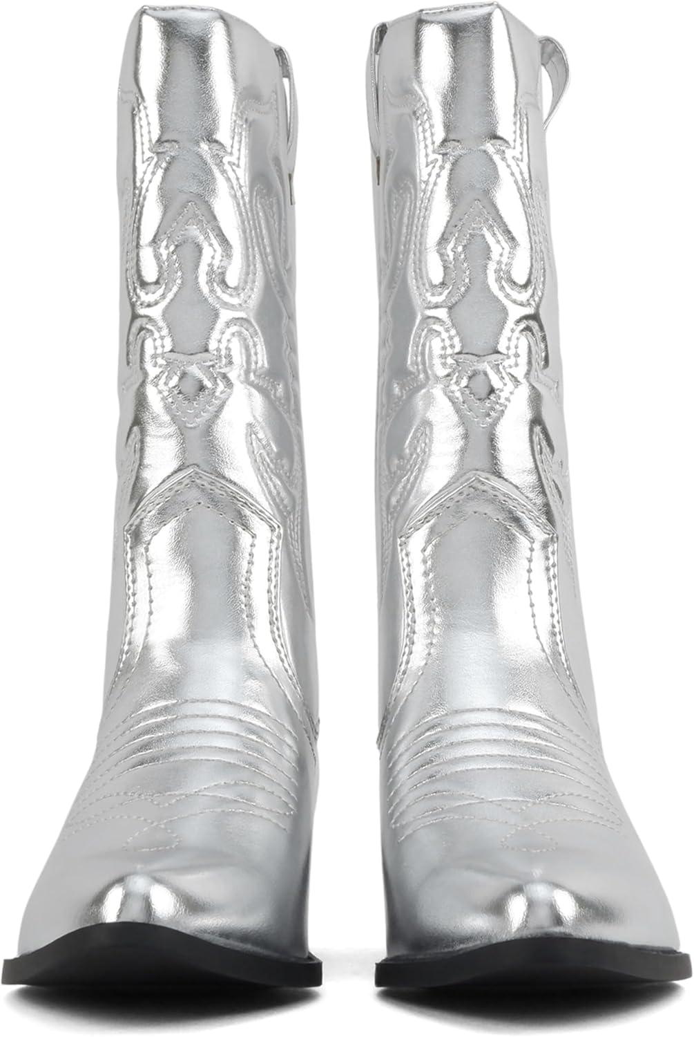 imageSoda TELLER  Womens Western Cowboy Boots with Stitched Detailing Pointed Toe and Low Block HeelRsilver Met