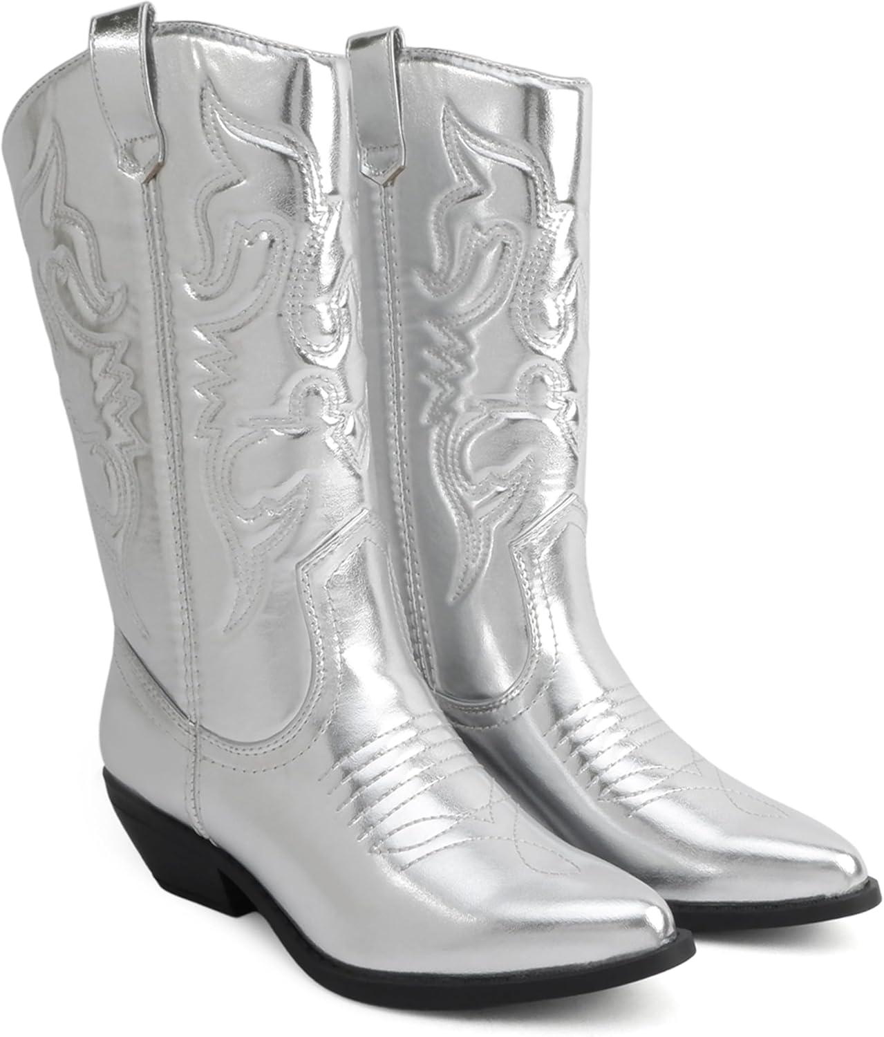 imageSoda TELLER  Womens Western Cowboy Boots with Stitched Detailing Pointed Toe and Low Block HeelRsilver Met