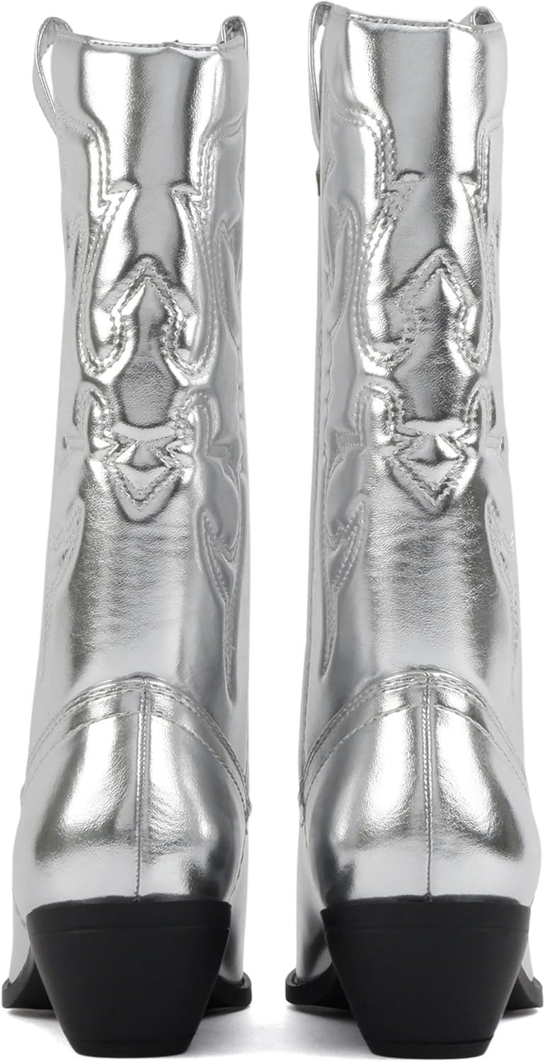 imageSoda TELLER  Womens Western Cowboy Boots with Stitched Detailing Pointed Toe and Low Block HeelRsilver Met