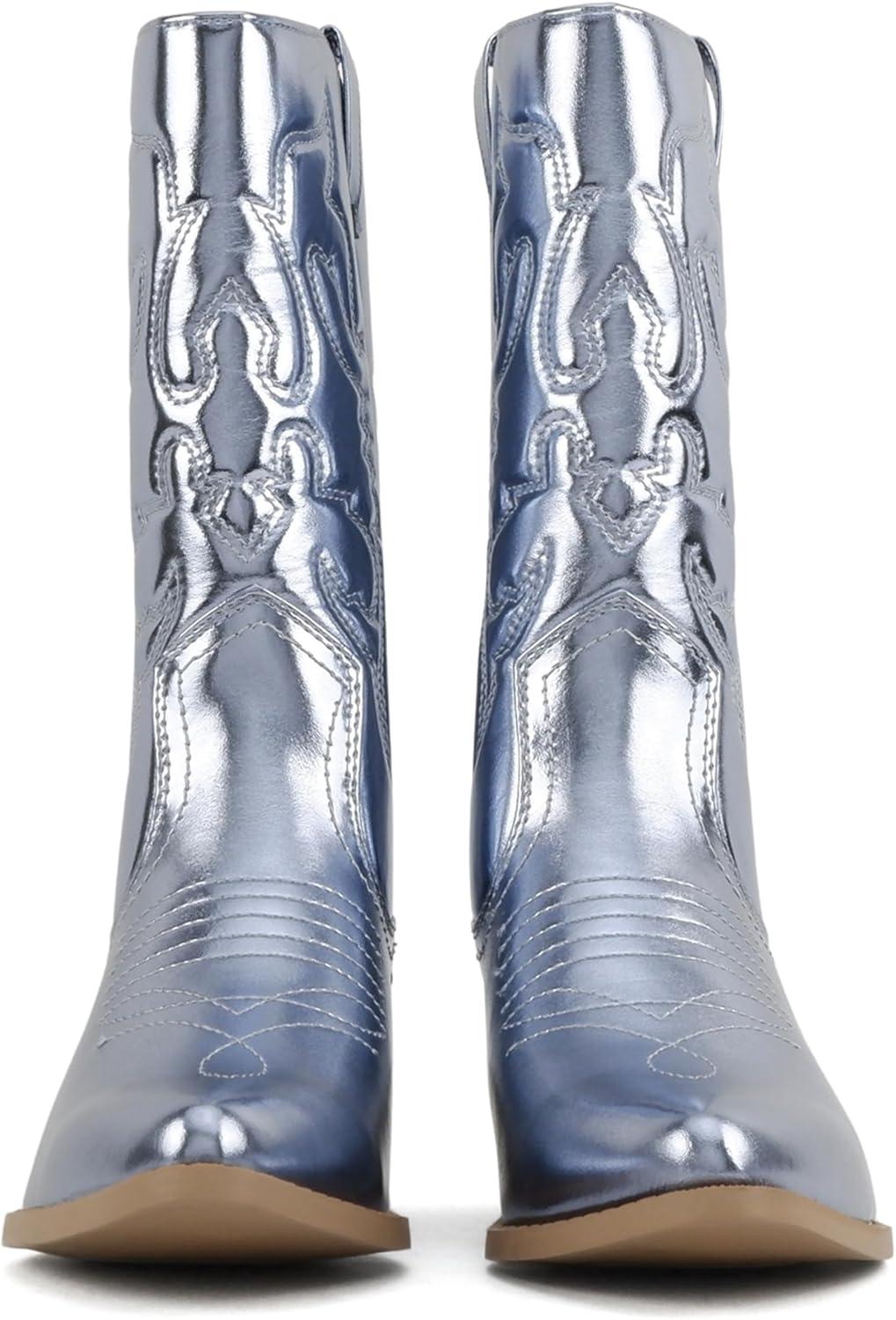 imageSoda TELLER  Womens Western Cowboy Boots with Stitched Detailing Pointed Toe and Low Block HeelRsky Blue Met