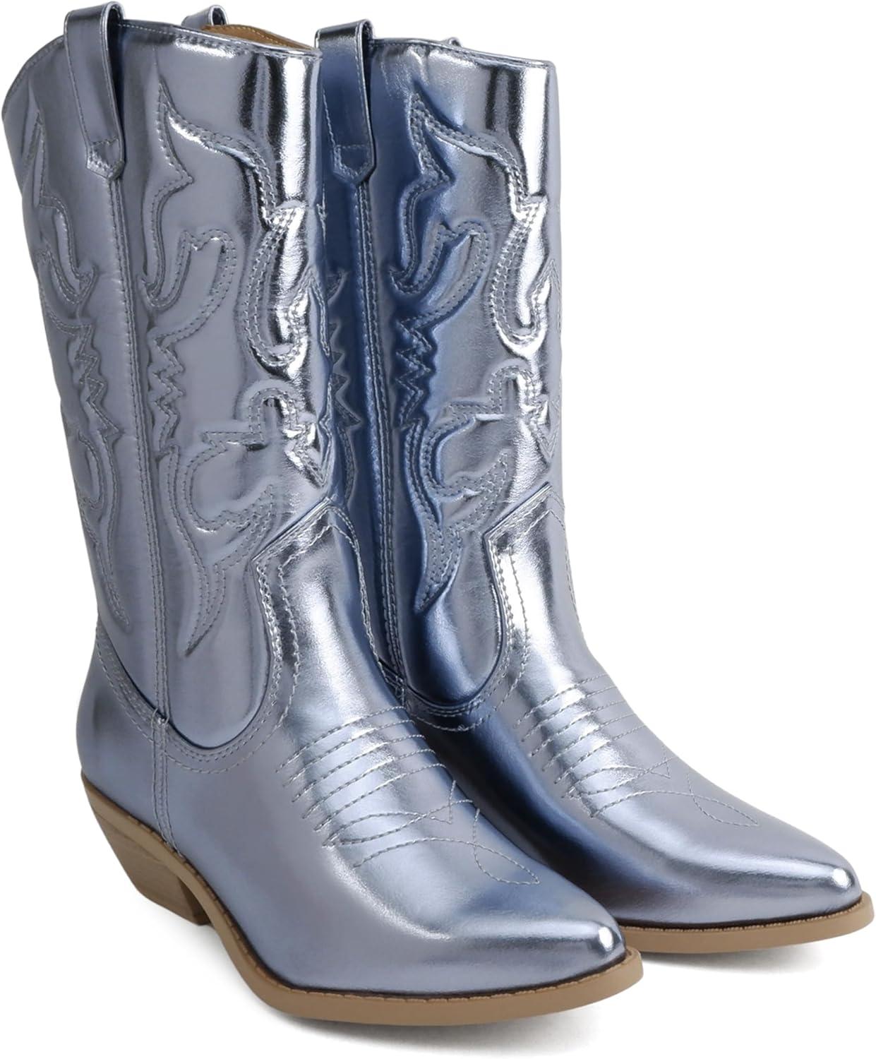 imageSoda TELLER  Womens Western Cowboy Boots with Stitched Detailing Pointed Toe and Low Block HeelRsky Blue Met