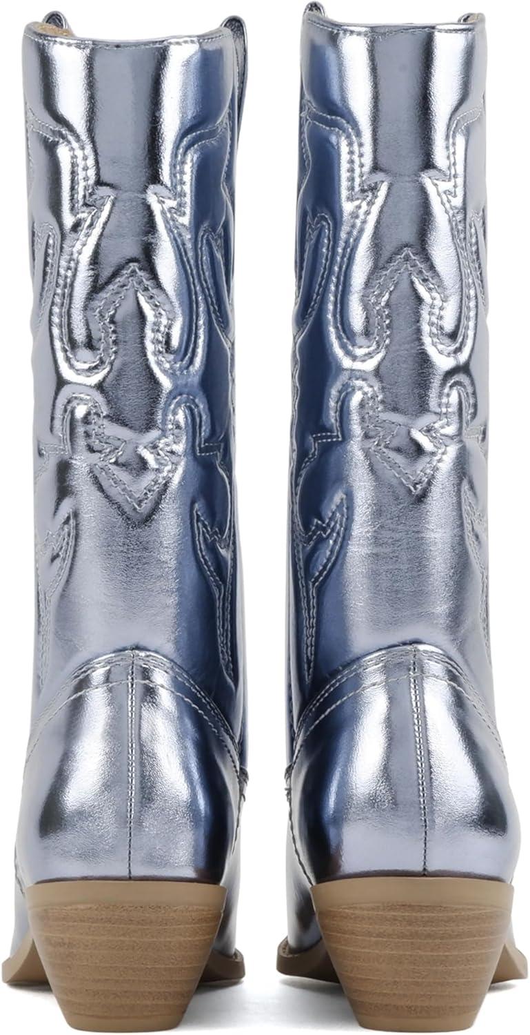 imageSoda TELLER  Womens Western Cowboy Boots with Stitched Detailing Pointed Toe and Low Block HeelRsky Blue Met