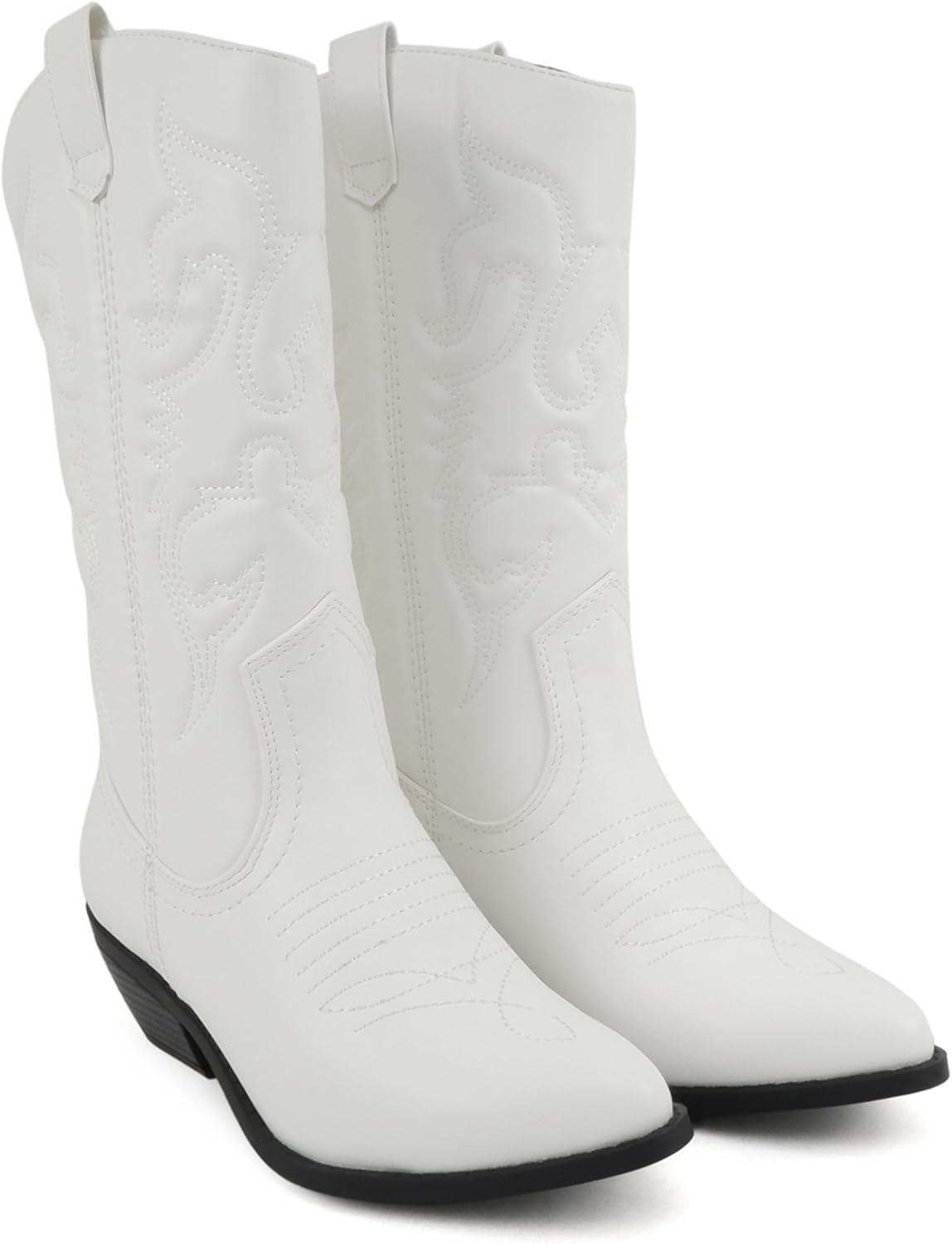 imageSoda TELLER  Womens Western Cowboy Boots with Stitched Detailing Pointed Toe and Low Block HeelRwhtBlk