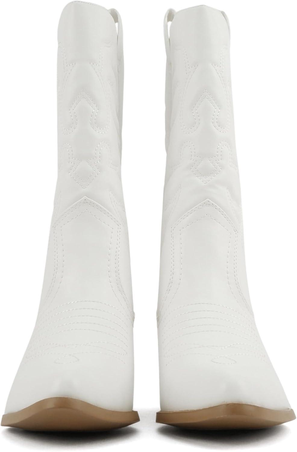 imageSoda TELLER  Womens Western Cowboy Boots with Stitched Detailing Pointed Toe and Low Block HeelRwhtNude