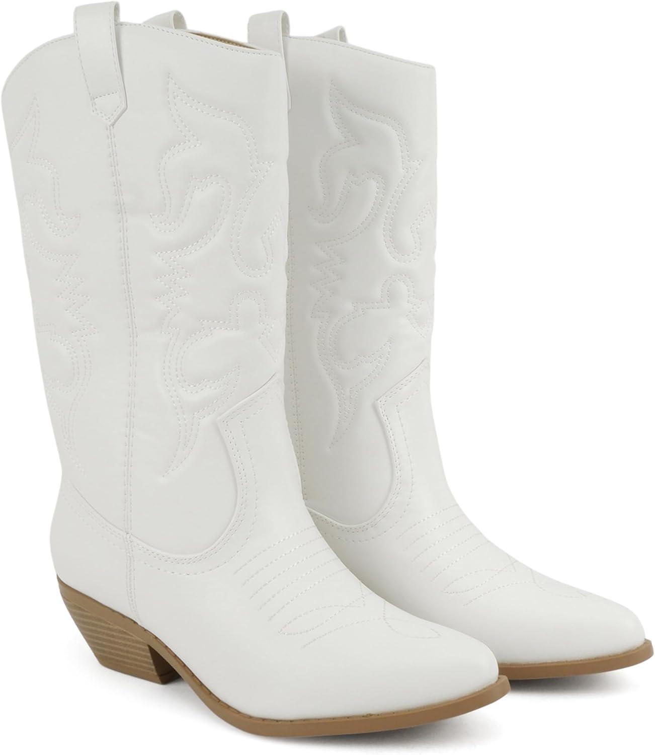imageSoda TELLER  Womens Western Cowboy Boots with Stitched Detailing Pointed Toe and Low Block HeelRwhtNude