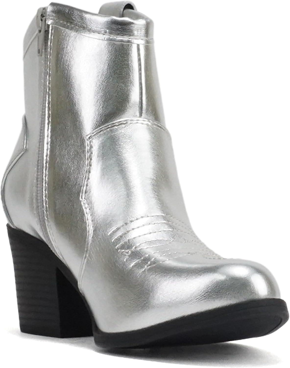 imageSoda TELLER  Womens Western Cowboy Boots with Stitched Detailing Pointed Toe and Low Block HeelSilver