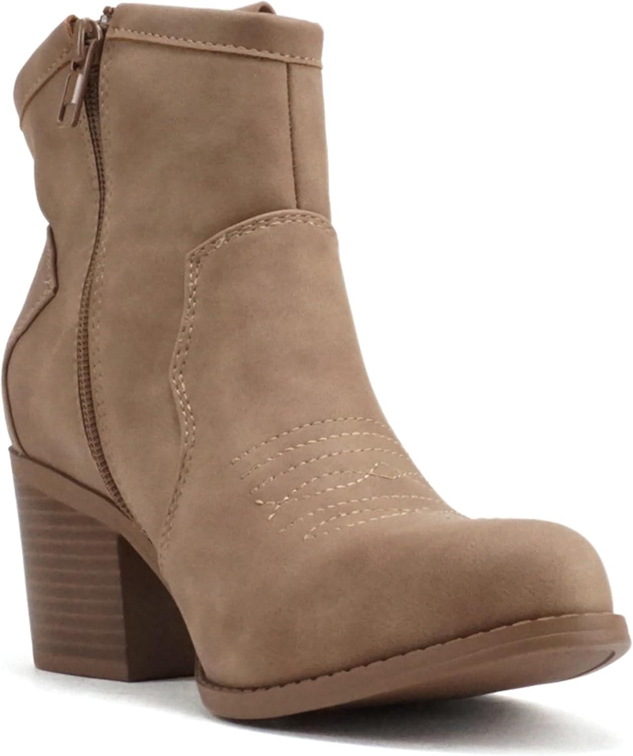 imageSoda TELLER  Womens Western Cowboy Boots with Stitched Detailing Pointed Toe and Low Block HeelTaupe Pu