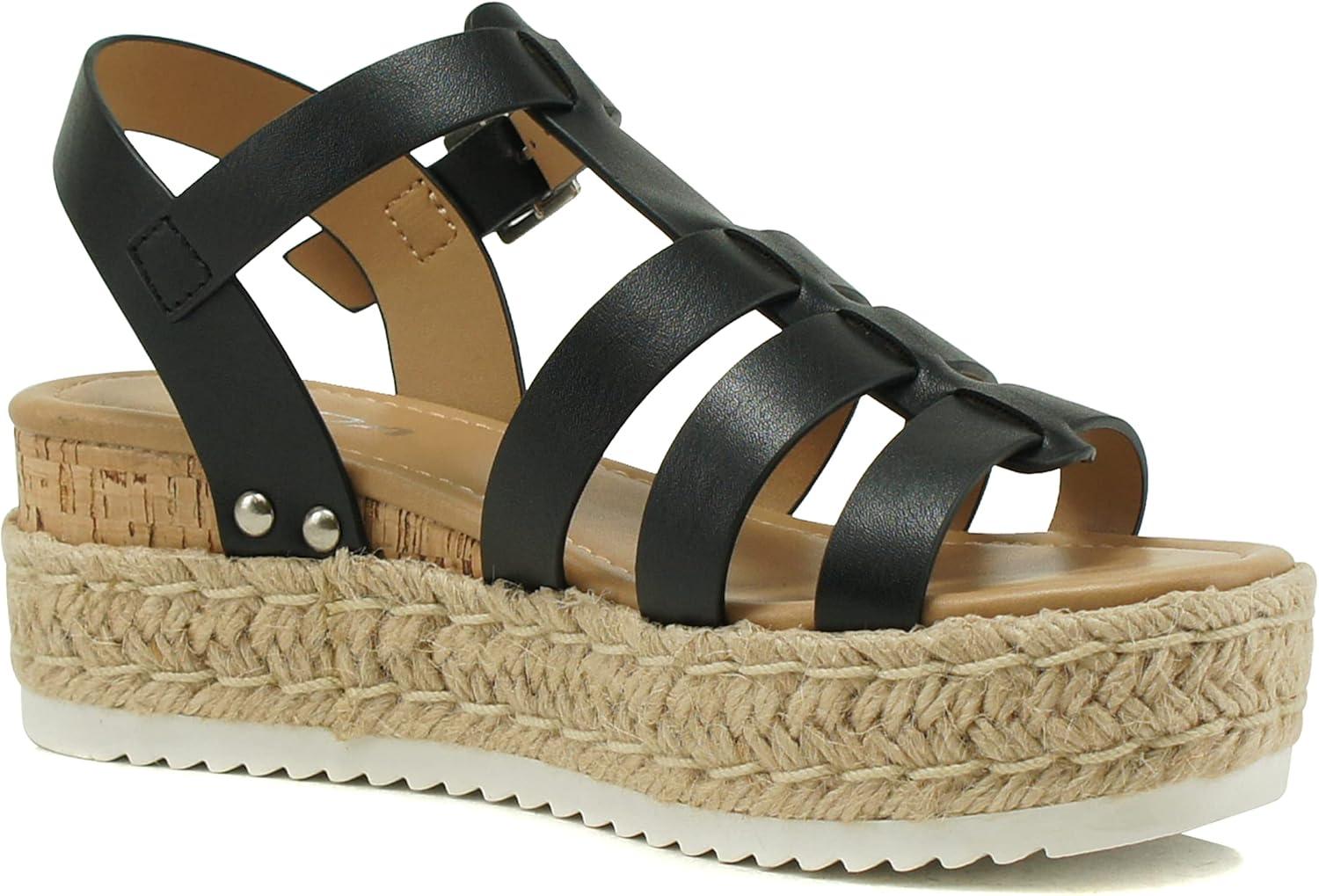 imageSoda TRADER  Women Open Toe Espadrille Flatform Platform Fashion Jute Wedge Fisherman Upper Sandals with Adjustable Ankle Strap