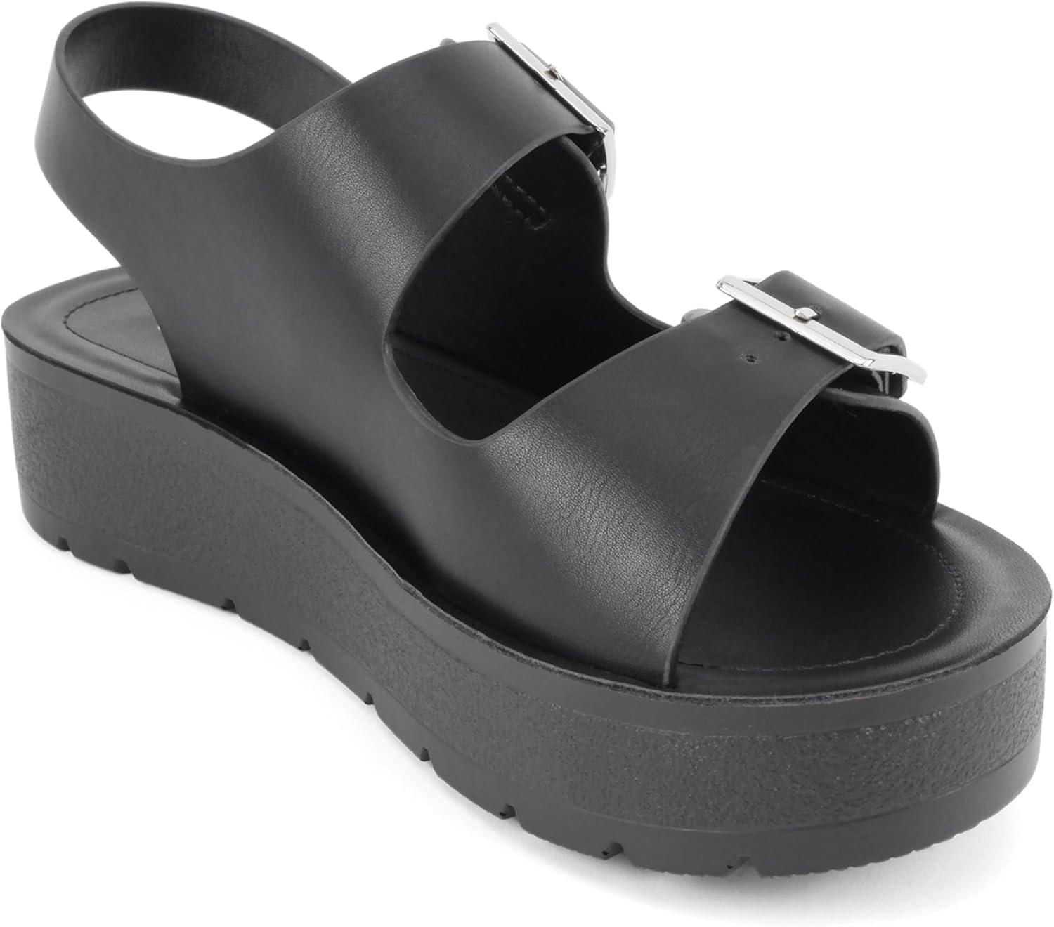 imageSoda Tangy  Women Round Toe Multi Band Flatform Slingback Sandal with Adjustable Buckle StrapsBlack Pu