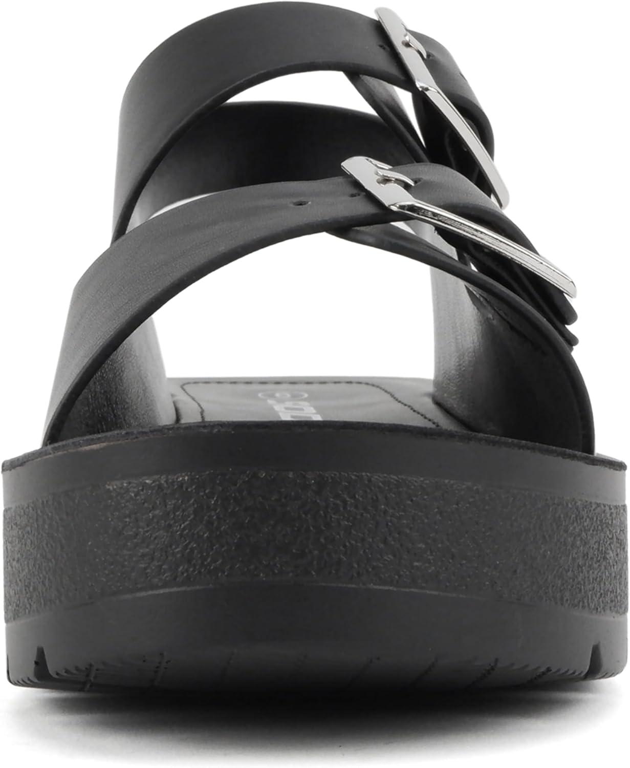 imageSoda Tangy  Women Round Toe Multi Band Flatform Slingback Sandal with Adjustable Buckle StrapsBlack Pu