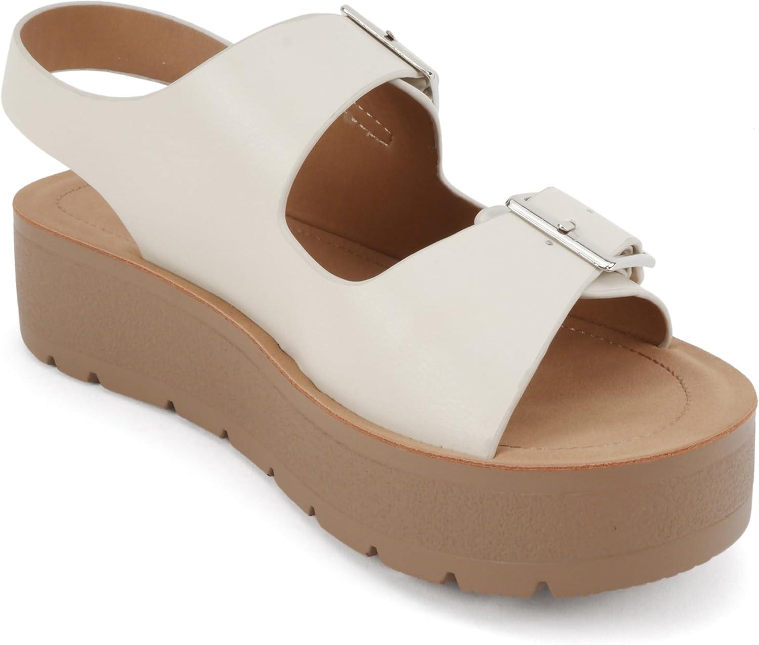 imageSoda Tangy  Women Round Toe Multi Band Flatform Slingback Sandal with Adjustable Buckle StrapsBone Pu