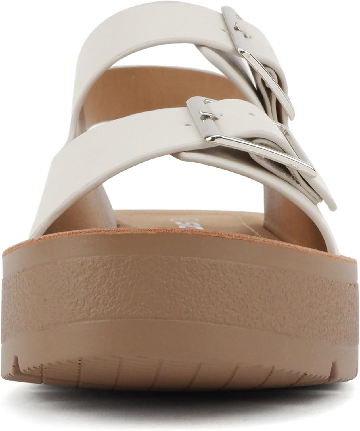 imageSoda Tangy  Women Round Toe Multi Band Flatform Slingback Sandal with Adjustable Buckle StrapsBone Pu