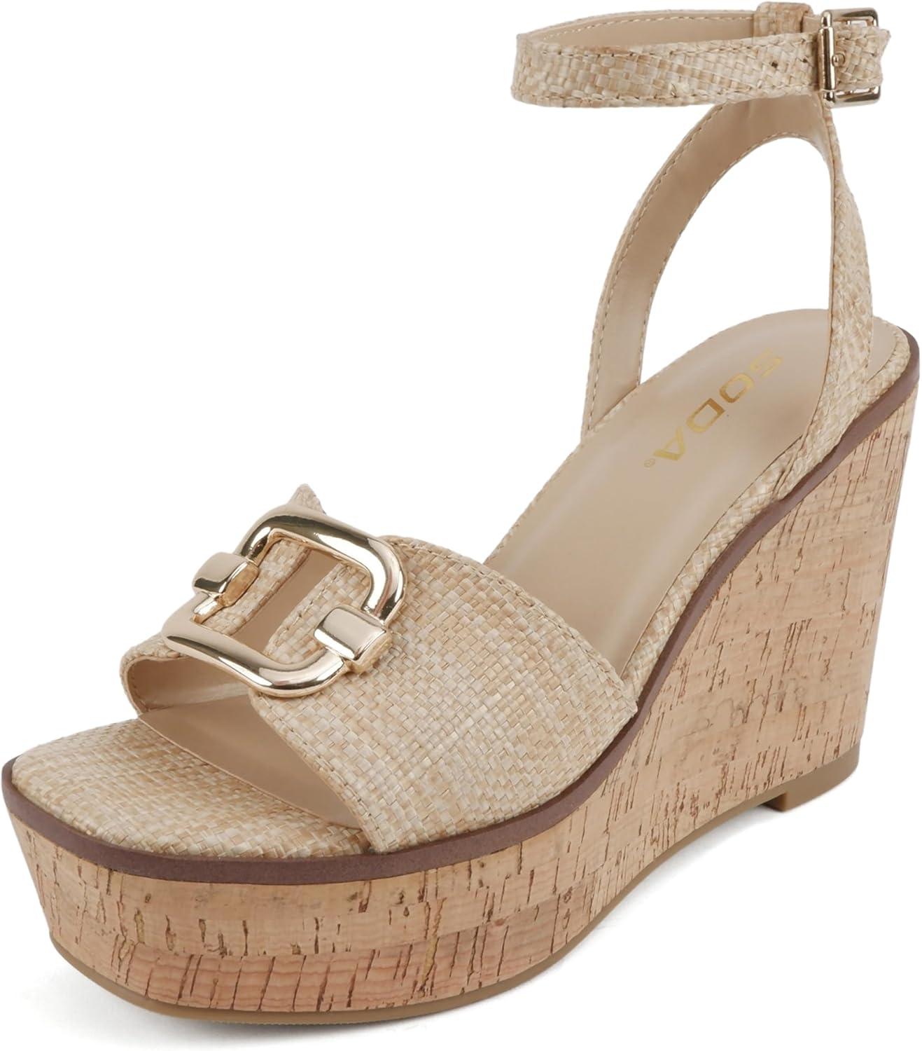 imageSoda Teens  Women Open Square Toe Single Band Wedge Sandal with Adjustable Ankle StrapRaffia Natural