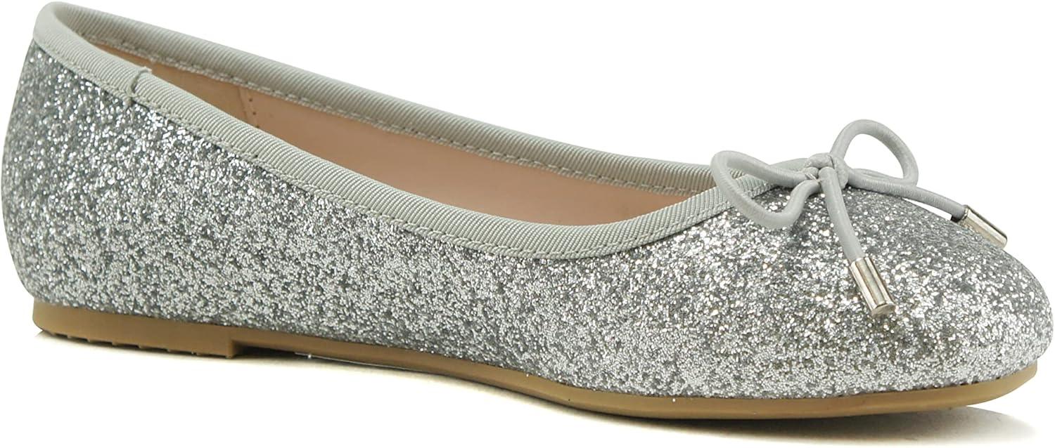 imageSoda Toast2 KidsChildrenGirls Fashion Classic Sparkly Glitter Mary Jane Flat Rounded Ballet ShoesSilver Glitter
